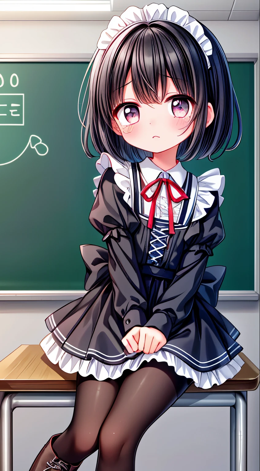 Anime girl sitting on a desk in front of a chalkboard - SeaArt AI