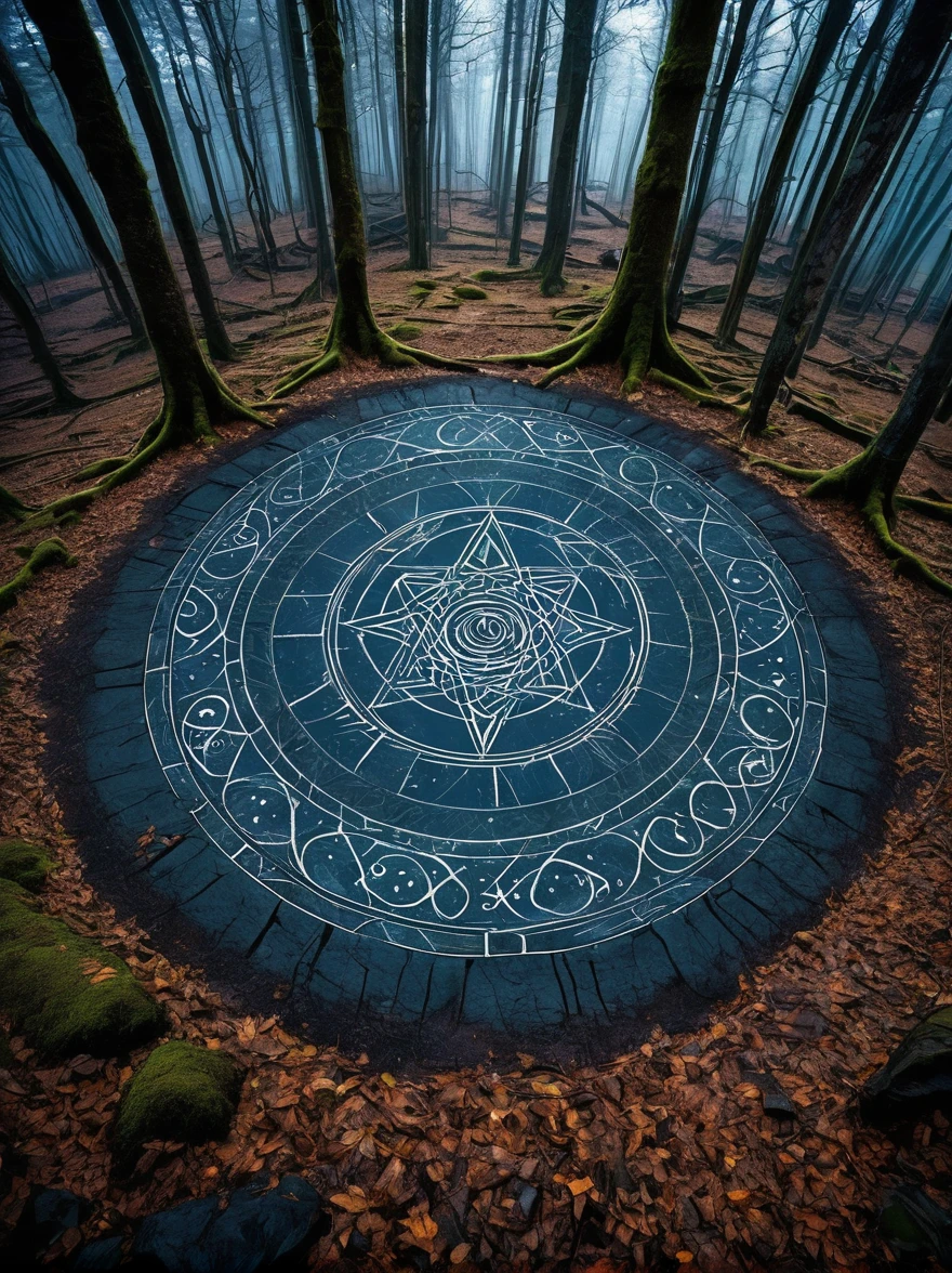 (dark fantasy),(super wide angle),In an ancient forest-surrounded wasteland, a super ancient stone magic circle predates recorded history. Comprised of numerous massive rocks, each bearing the marks of erosion, arranged in a perfect hexagram pointing to various constellations, as if connected to cosmic powers. At its center, the ground is etched with complex runes and mysterious patterns glowing faintly blue under moonlight, serving both as part of a summoning ritual and a container for ancient forces, with their power peaking at night. The surrounding forest seems to shy away, with trees' bent branches whispering warnings. As the stars align on a special night, the sky's energy resonates with the circle's runes, slowly opening a rift from which a creature with eyes like burning coals, made of darkness and fear, steps out, causing the earth to tremble with each step. This scene depicts a mysterious and dangerous moment where an ancient magic circle summons an evil entity under the watchful eyes of the ancient forest,(masterpiece,best quality,ultra high definition,Extremely detailed,illumination)
