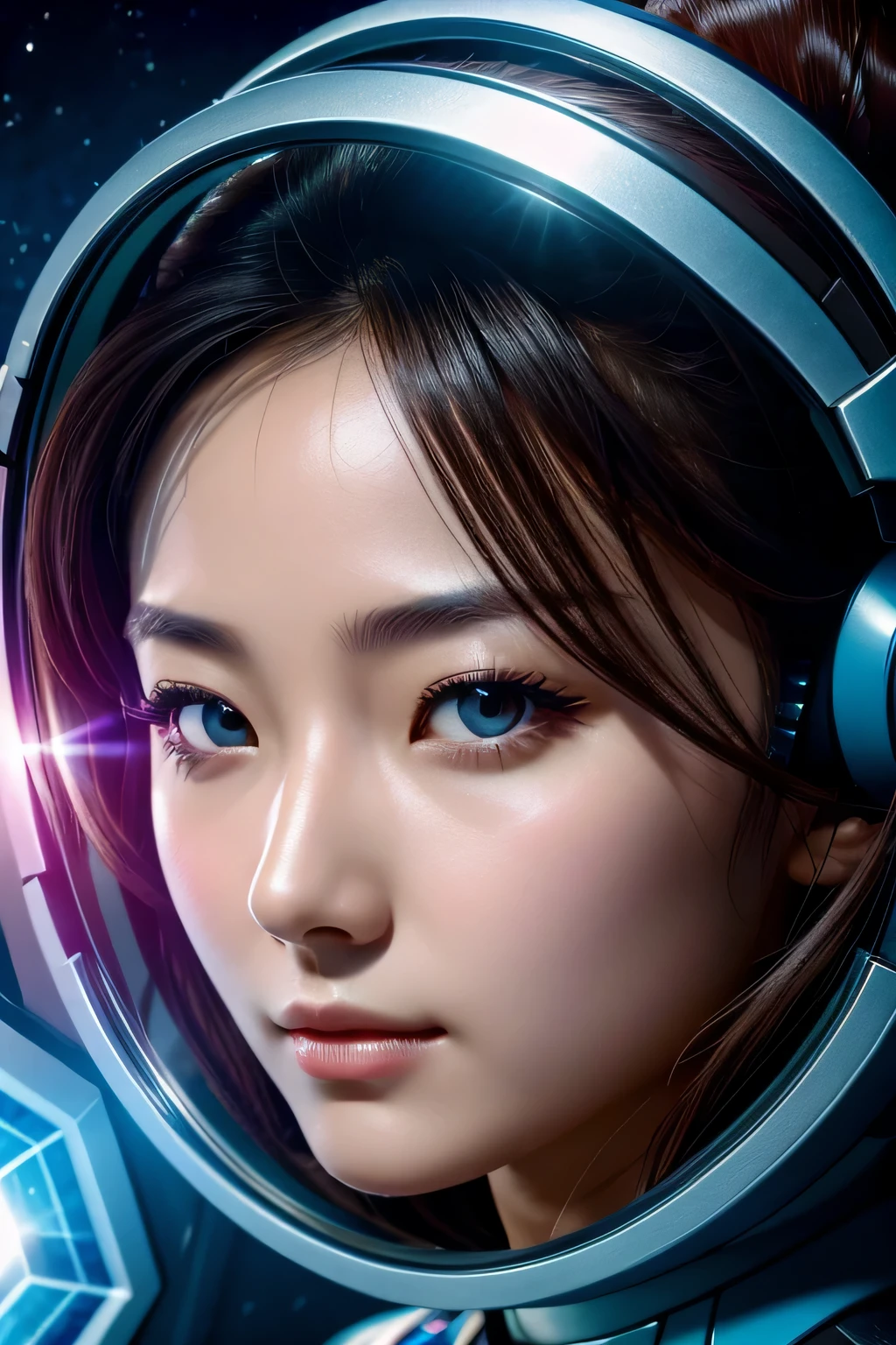 masterpiece、top-quality、realisitic、ultra-detailliert、SFW、head shot、facial close-up、Portrait of a young woman、starsector、Sci-fi style mechanical suit、High-tech gadgets、Head turned to the front、