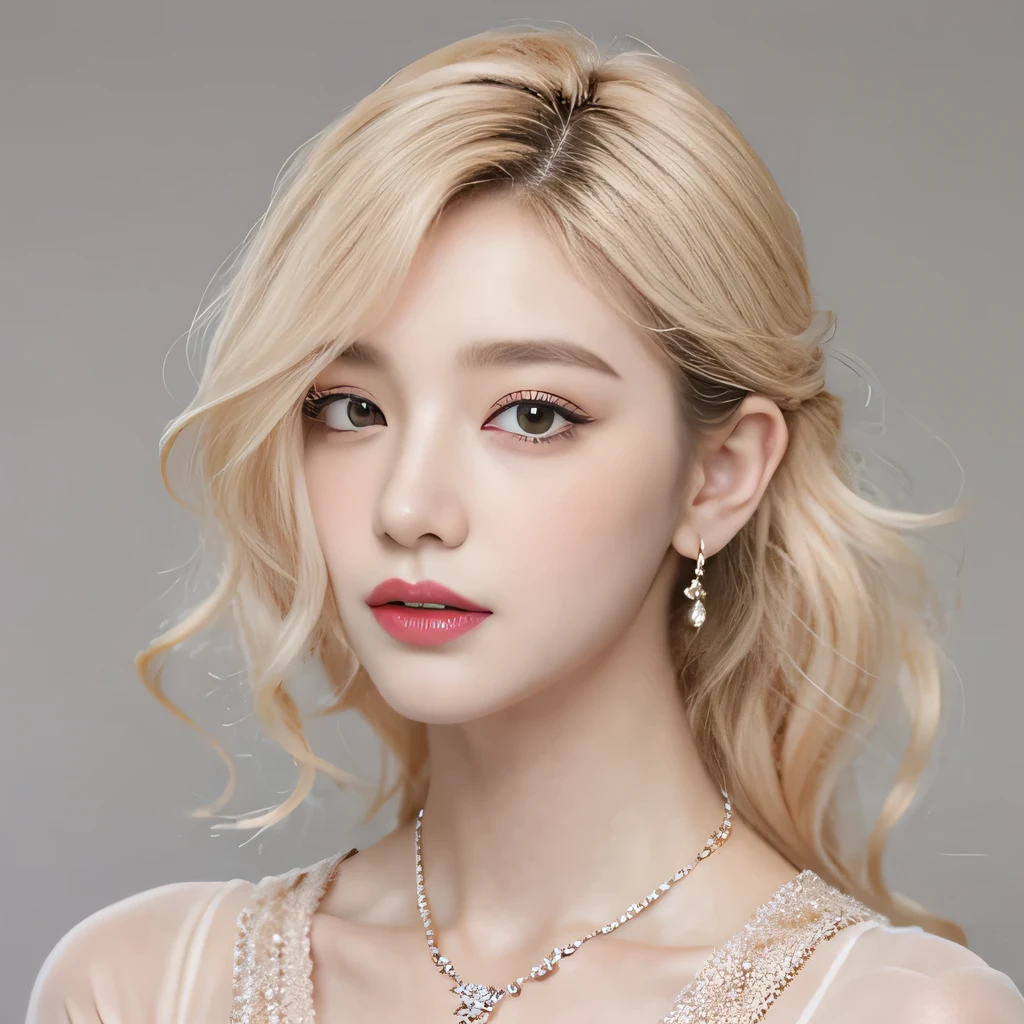 (8k)、(best image quality:1.5)、gray background、close up of face、1girl、masterpiece、delicate and sharp eyes、brown eyes、eye power、delicate face、cup、fascinating face、platinum blonde hair、Semi-long wave、cute clothes、Dress that shows your collarbones、gal、Emphasis on the clavicle、earrings、necklace、
