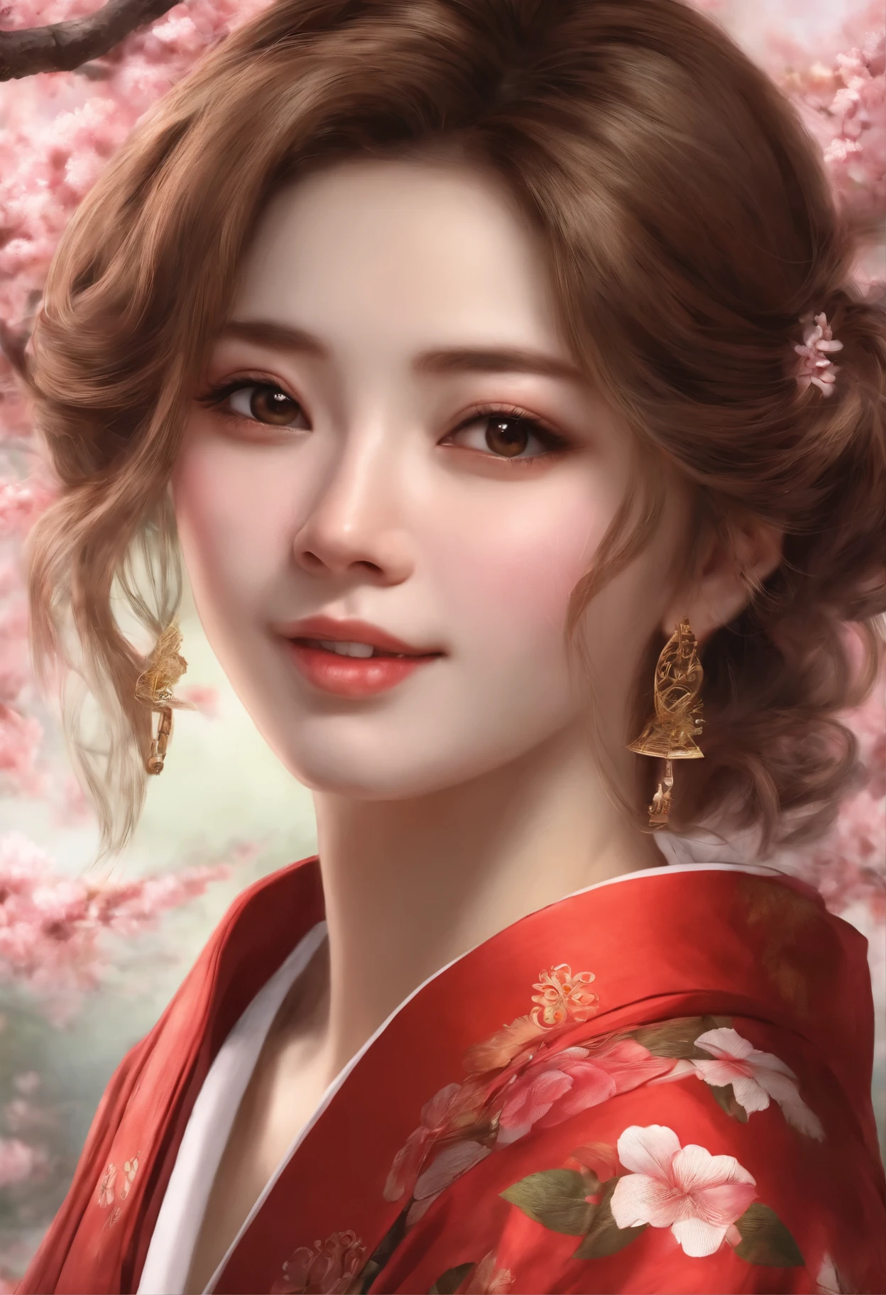 beautiful statuesque woman, close up view, gazing at the camera, red kimono, sexy, cleavage, smiling, deep brown eyes, copper colored hair in traditional hairdress, sakura garden