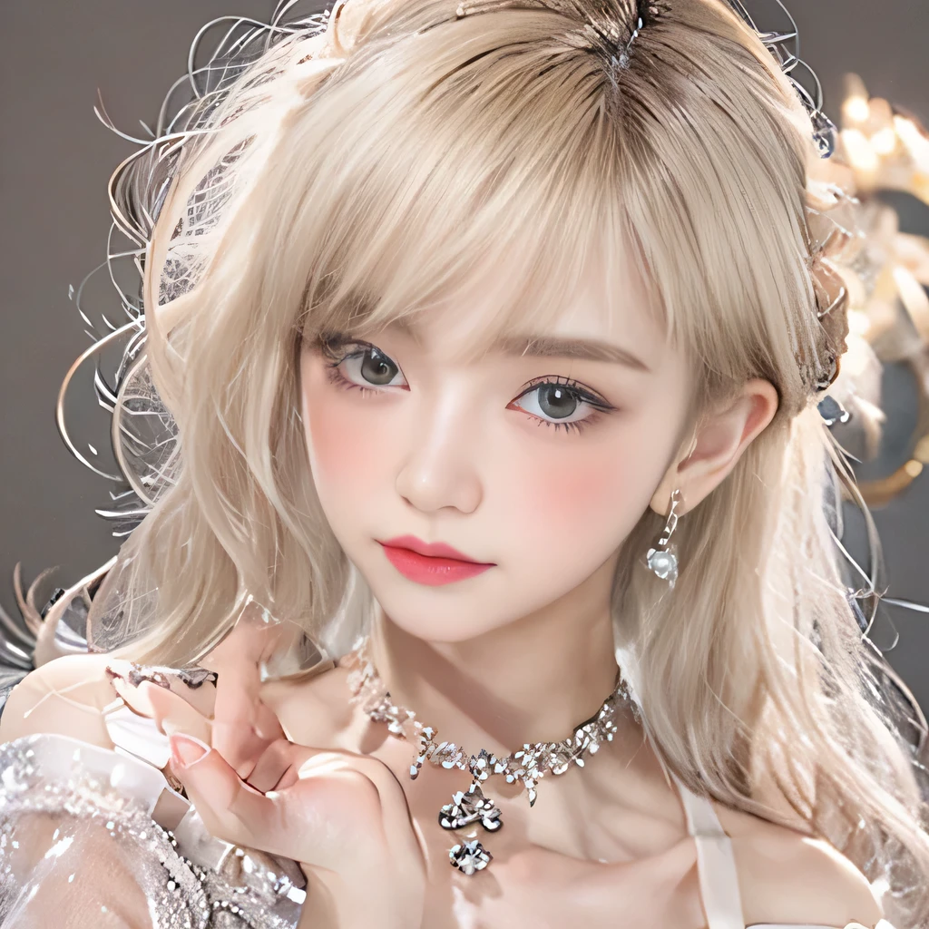 （8k）、（best image quality:1.5）、gray background、close up of face、１girl、masterpiece、delicate and sharp eyes、brown eyes、eye power、delicate face、cup、fascinating face、platinum blonde hair、Semi-long wave、cute clothes、Dress that shows your collarbones、gal、Emphasis on the clavicle、earrings、necklace、