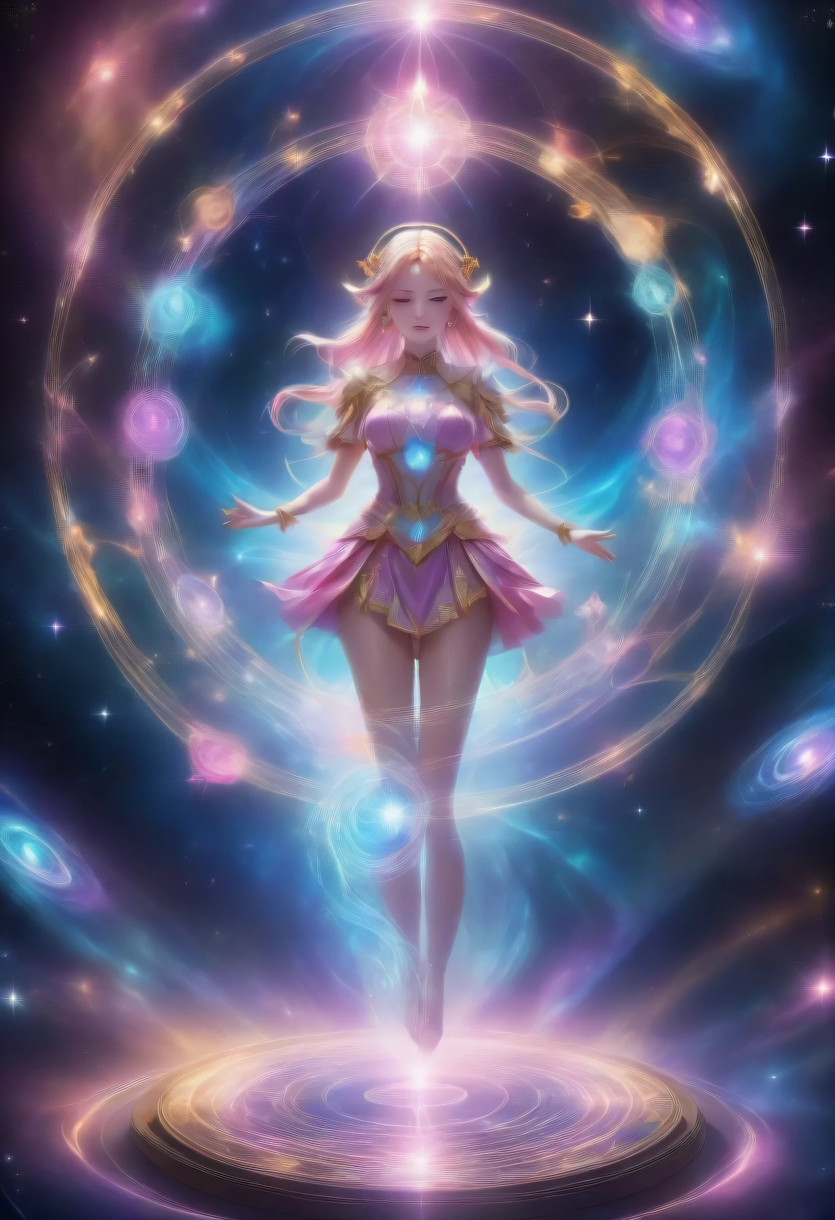 magical girl and magic circle, A magical girl standing on a magic circle and chanting magic, star-shaped magic circle: 1.3, close your eyes, unparalleled magical aura: 1.3, beautiful and flashy presentation