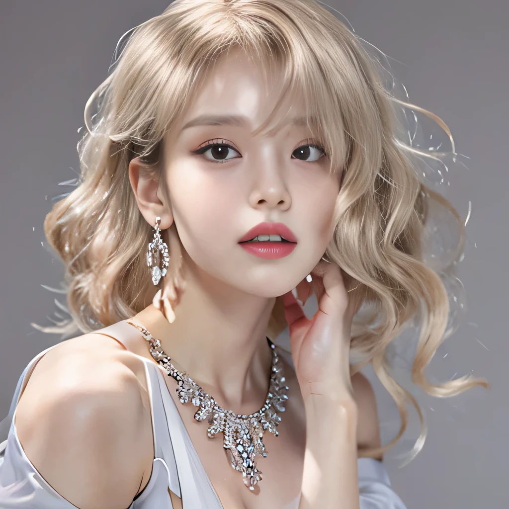 (8k)、(best image quality:1.5)、gray background、close up of face、1girl、masterpiece、delicate and sharp eyes、brown eyes、eye power、delicate face、cup、fascinating face、platinum blonde hair、Semi-long wave、cute clothes、Dress that shows your collarbones、gal、Emphasis on the clavicle、earrings、necklace、