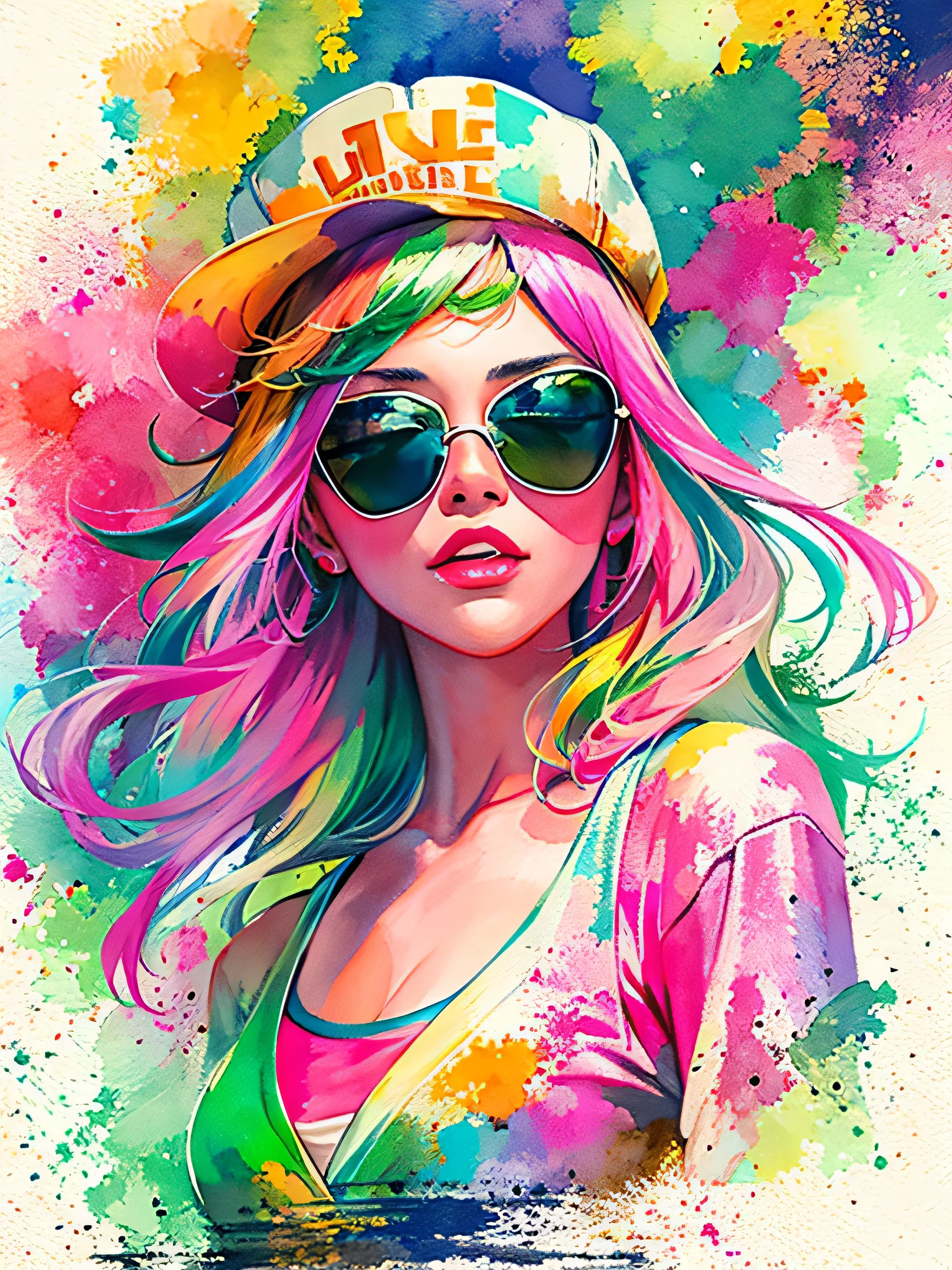 watercolor painting, 8K resolution、((highest quality))、((masterpiece))、((Super detailed))、(((most fashionable design)))、1 female、alone、incredibly absurd、 (((The most beautiful athlete girl of all time))), (((Stylish sunglasses))), lips in love, stylish cap、(((running)))、neon、small breasts、