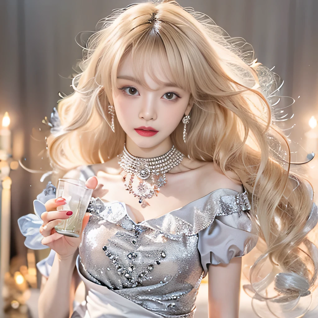 (8k)、(best image quality:1.5)、gray background、close up of face、1girl、masterpiece、delicate and sharp eyes、brown eyes、eye power、delicate face、cup、fascinating face、platinum blonde hair、Semi-long wave、cute clothes、Dress that shows your collarbones、gal、Emphasis on the clavicle、earrings、necklace、