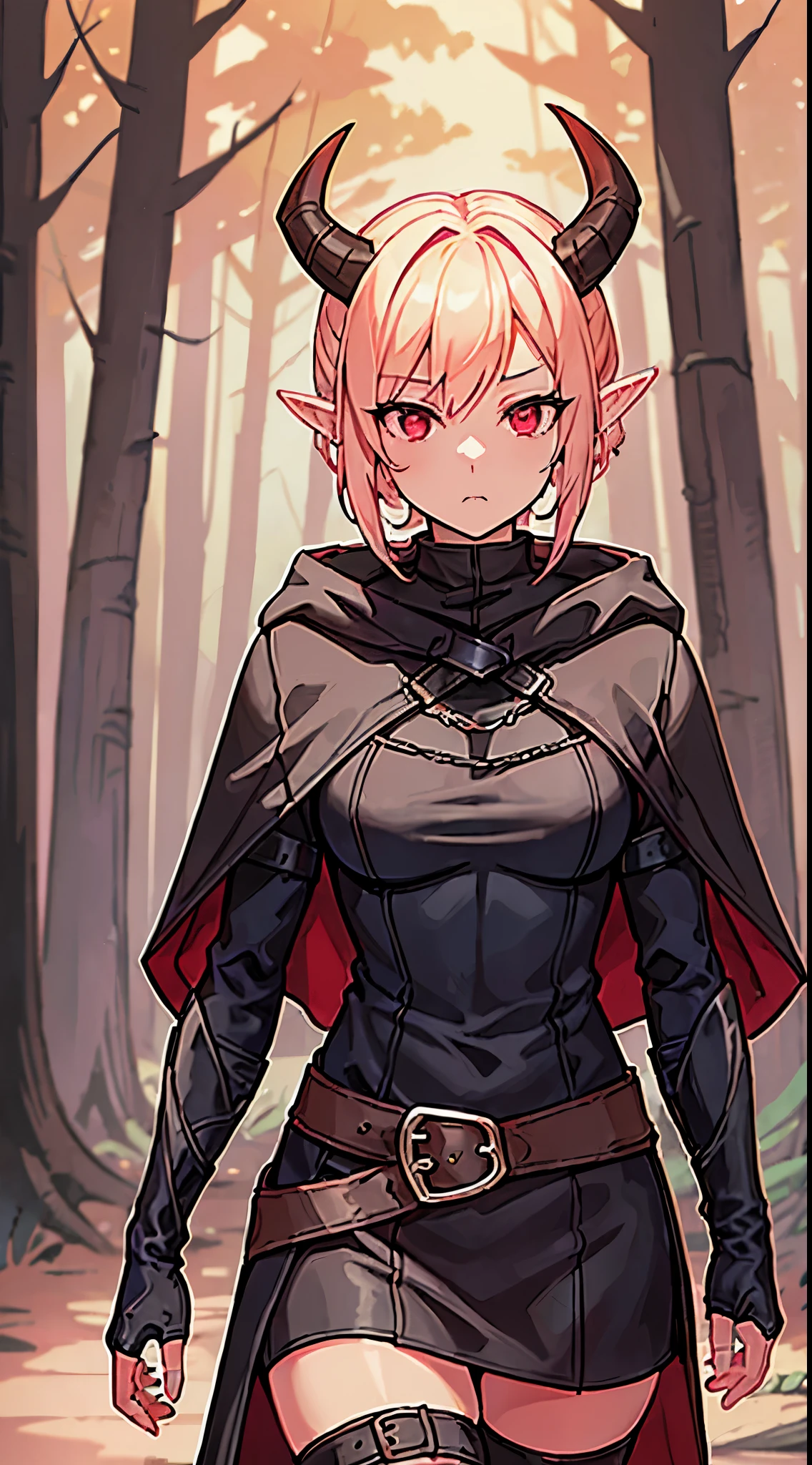 1girl, short all black hair in loose ponytail, soft red eyes, innocent eyes, elf ears, colored skin, red skin, 2 Black demon horns, demon horns, black horns, average body, wearing full leather armor, rogue cloak, hooded cloak, hood down, leather armor, rogue armor, ranger armor, covered body, fully covered, SFW, non-revealing, safe, PG13, dungeons and dragons, DnD, D&D, rogue, assassin, thief, walking through a forest, night time, dark, night, looking at viewer