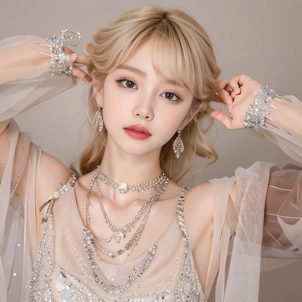 (8k)、(best image quality:1.5)、gray background、close up of face、1girl、masterpiece、delicate and sharp eyes、brown eyes、eye power、delicate face、cup、fascinating face、platinum blonde hair、Semi-long wave、cute clothes、Dress that shows your collarbones、gal、Emphasis on the clavicle、earrings、necklace、