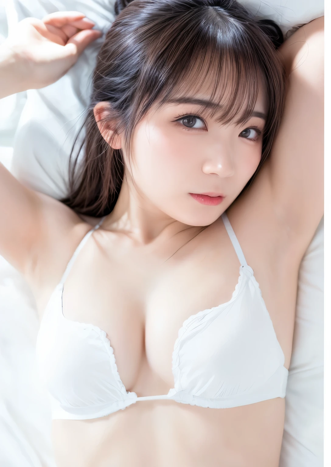 Ala Fed Asian Woman Wearing White Bra Top Lying on Bed, deayami kojima, sophisticated gravure idol, young sensual gravure idol, Young and cute gravure idol, motto hole, Yoshitomo Nara, yasumoto oka, young gravure idol, chiho ashima, ayami kojima amano,looking at the viewer,see-through,sexy face,