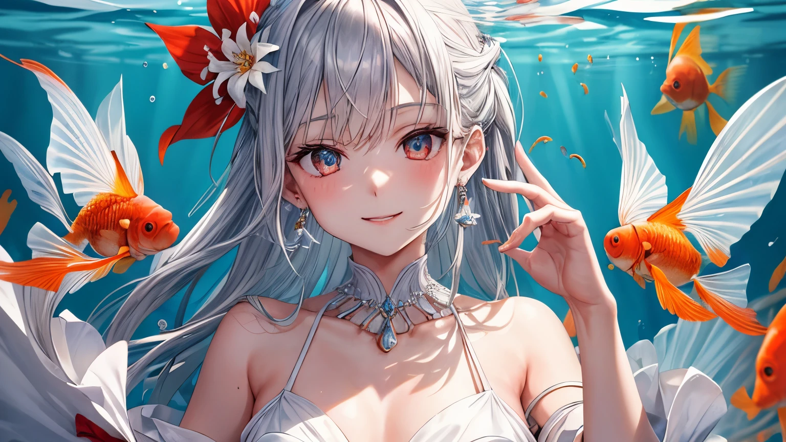 1 girl ,earrings,Goldfish ,precious stones ,sash,underwater ,Goldfish,White flower ,Akame,Behold ,get up, gray hair,clavicle,length、generally、Kamimei、looking at the viewer、white dress、Red Heavenly Woman's Robe、cleavage、close up of smiling face、beautiful eyes