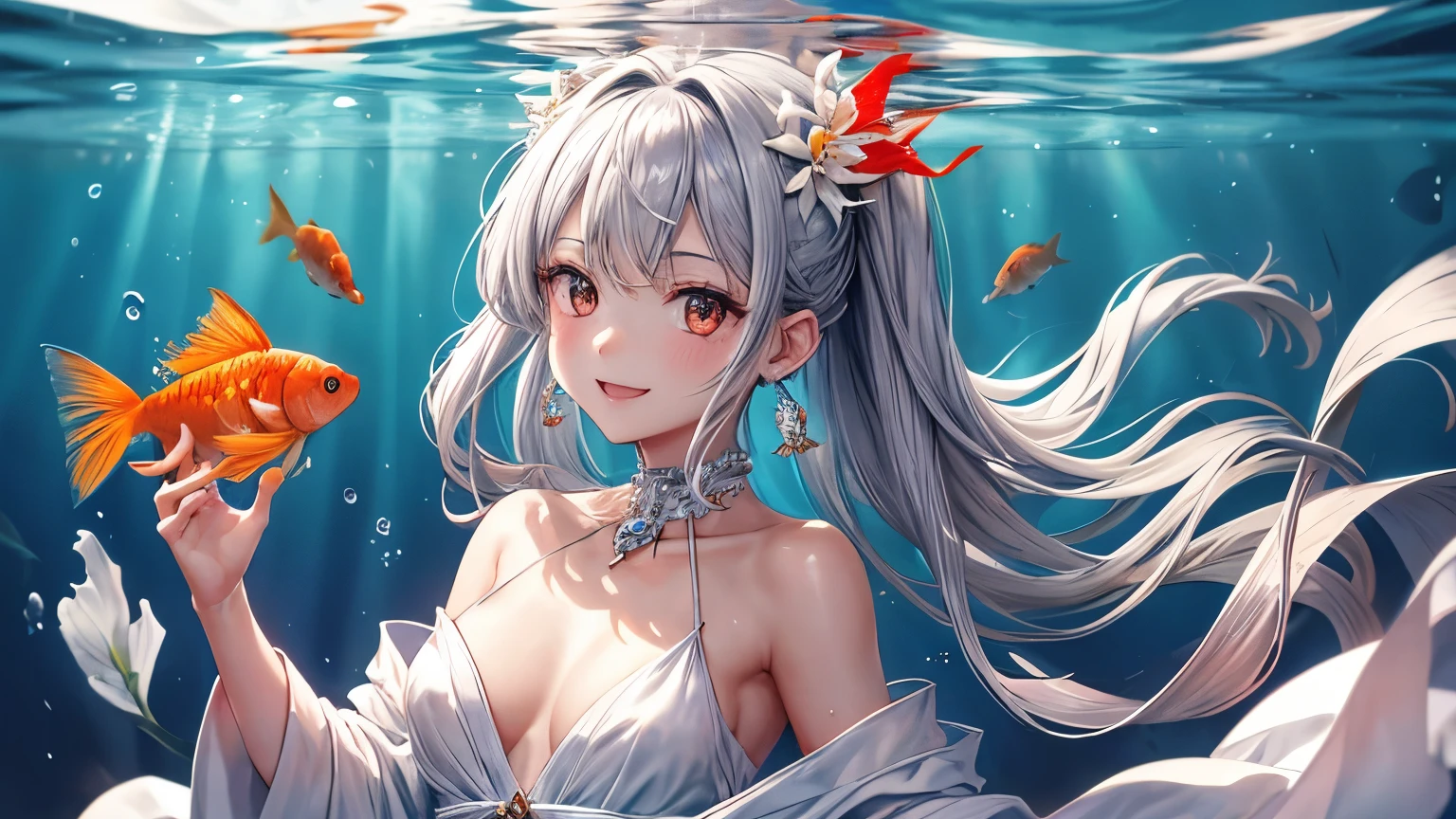 1 girl ,earrings,Goldfish ,precious stones ,sash,underwater ,Goldfish,White flower ,Akame,Behold ,get up, gray hair,clavicle,length、generally、Kamimei、looking at the viewer、white dress、Red Heavenly Woman's Robe、cleavage、close up of smiling face、beautiful eyes