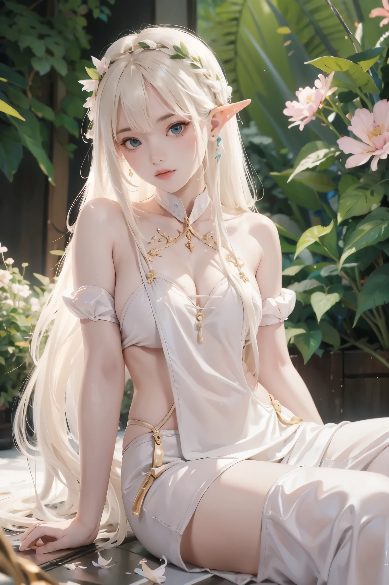 (Masterpiece, Best Quality, High Quality, High Level, Ultra Detailed), Realism, 1 Sweet Girl, Lord Rukkhadevata, (Side Braid: 1.1), Long Hair, (White Hair), Leaf Hair Accessories, Elves, Green Eyes, Pale Skin, Bare Shoulders, (Medium Chest), Jewelry, White Skirt, (Split Sleeves: 1.1), (Forest: 1.3), (Pink Flowers: 1.1), (Petals falling: 1.1)