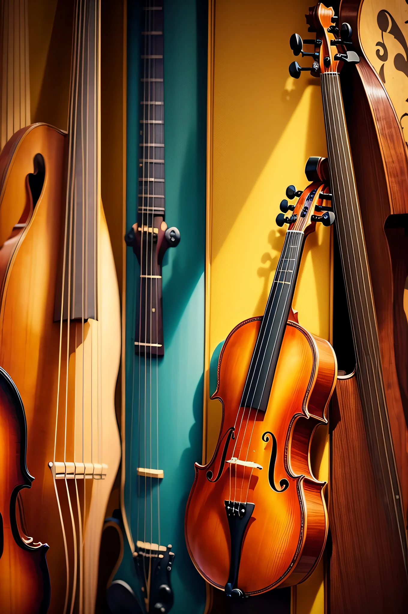 piano, violin, guitar, saxophone, music icons, colourful background