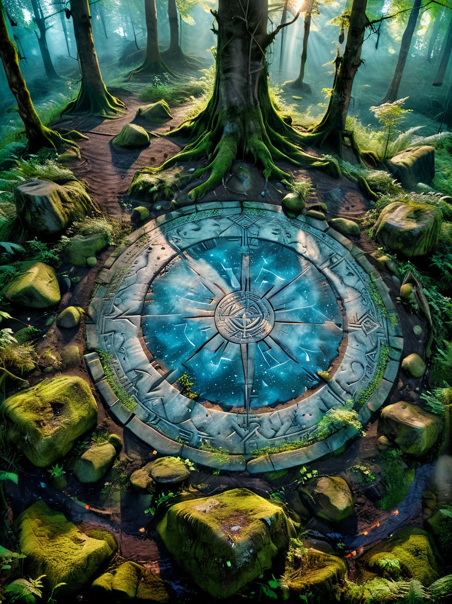 (dark fantasy),(super wide angle),In an ancient forest-surrounded wasteland, a super ancient stone magic circle predates recorded history. Comprised of numerous massive rocks, each bearing the marks of erosion, arranged in a perfect hexagram pointing to various constellations, as if connected to cosmic powers. At its center, the ground is etched with complex runes and mysterious patterns glowing faintly blue under moonlight, serving both as part of a summoning ritual and a container for ancient forces, with their power peaking at night. The surrounding forest seems to shy away, with trees' bent branches whispering warnings. As the stars align on a special night, the sky's energy resonates with the circle's runes, slowly opening a rift from which a creature with eyes like burning coals, made of darkness and fear, steps out, causing the earth to tremble with each step. This scene depicts a mysterious and dangerous moment where an ancient magic circle summons an evil entity under the watchful eyes of the ancient forest,(masterpiece,best quality,ultra high definition,Extremely detailed,illumination)