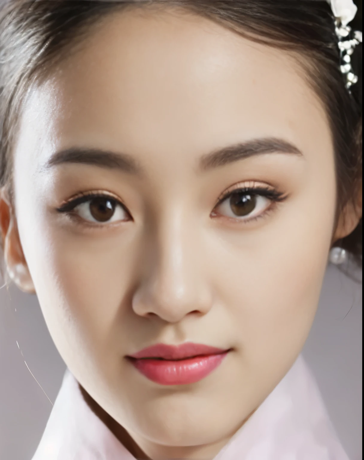 a close up of a woman with a flower in her hair, young adorable korean face, korean face features, inspired by Sim Sa-jeong, korean symmetrical face, wan adorable korean face, photorealistic beautiful face, beautiful south korean woman, realistic beautiful face, inspired by Yun Du-seo, beautiful realistic face, hyperrealistic beautiful face, beautiful delicate face
