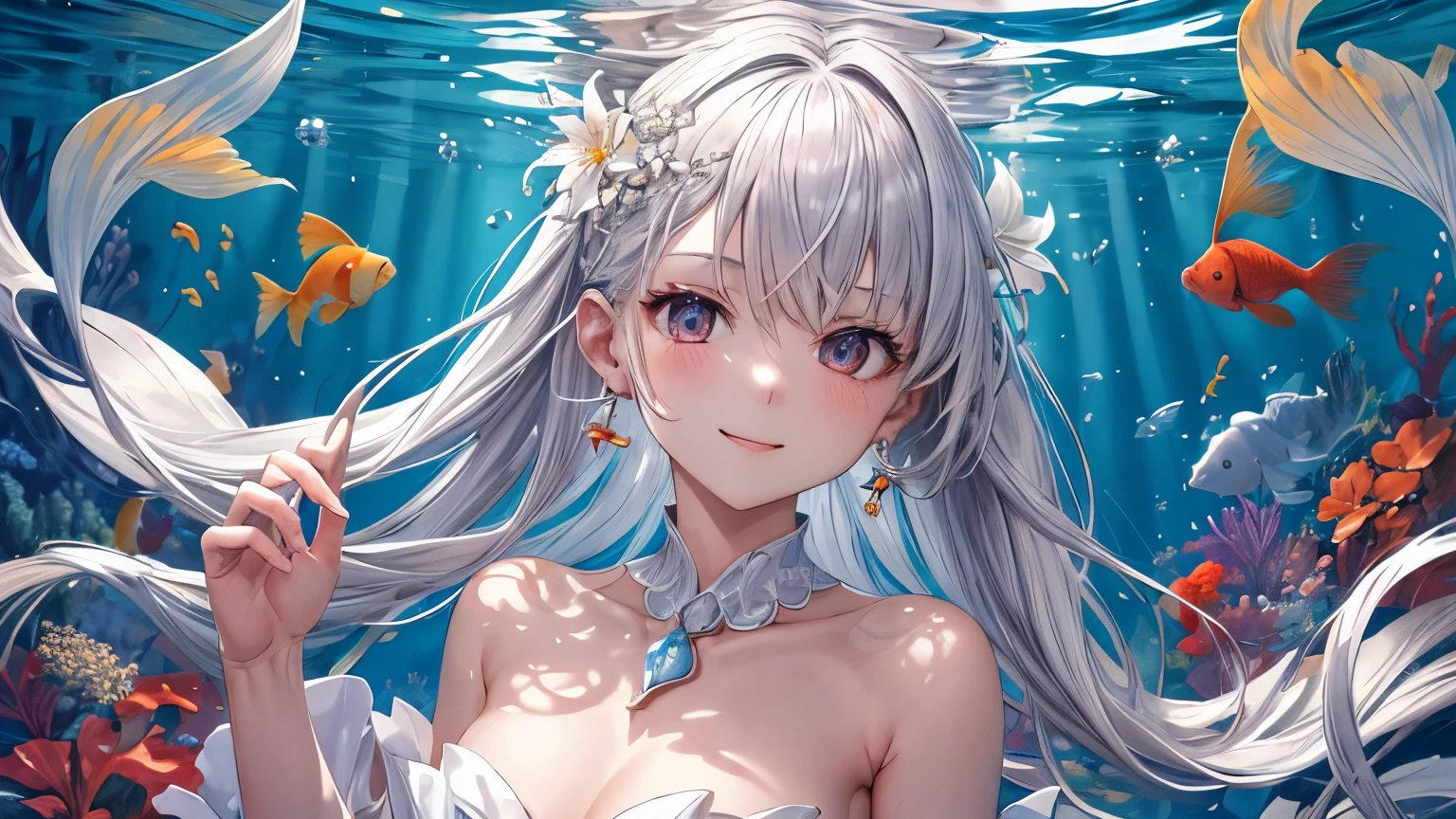 1 girl ,earrings,Goldfish ,precious stones ,sash,underwater ,Goldfish,White flower ,Akame,Behold ,get up, gray hair,clavicle,length、generally、Kamimei、looking at the viewer、white dress、Red Heavenly Woman's Robe、cleavage、close up of smiling face、beautiful eyes