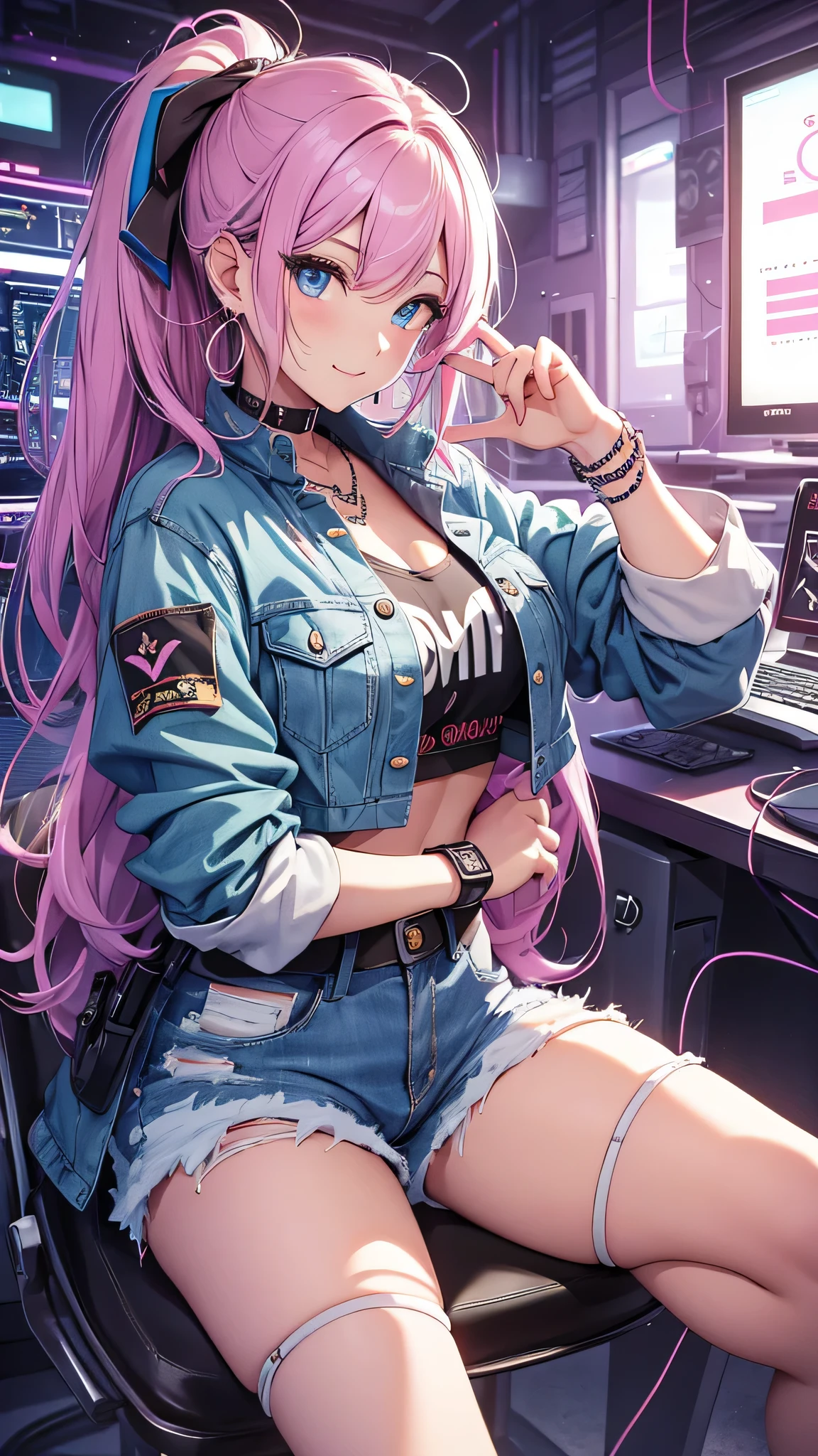 最high quality、best image quality、masterpiece、girl((20-year-old、 By becoming、vest bust、medium bust,wide open breast tea、shining eyes, neon hair、long hair、thin,highest valley、ponytail、Damaged Denim Shorts、black navel shirt、Damaged Denim Jacket、smile、full body tattoo,diamond earrings、Wristband、necklace,peace sign、sit on a chair、typing)),high quality、beautiful art、background((Hacker Room、server room、neon lighting、computer stand、Laptop))、Flight、debris flies、Depth of written boundary、movie、visual art、perfect art、8k,genuine、