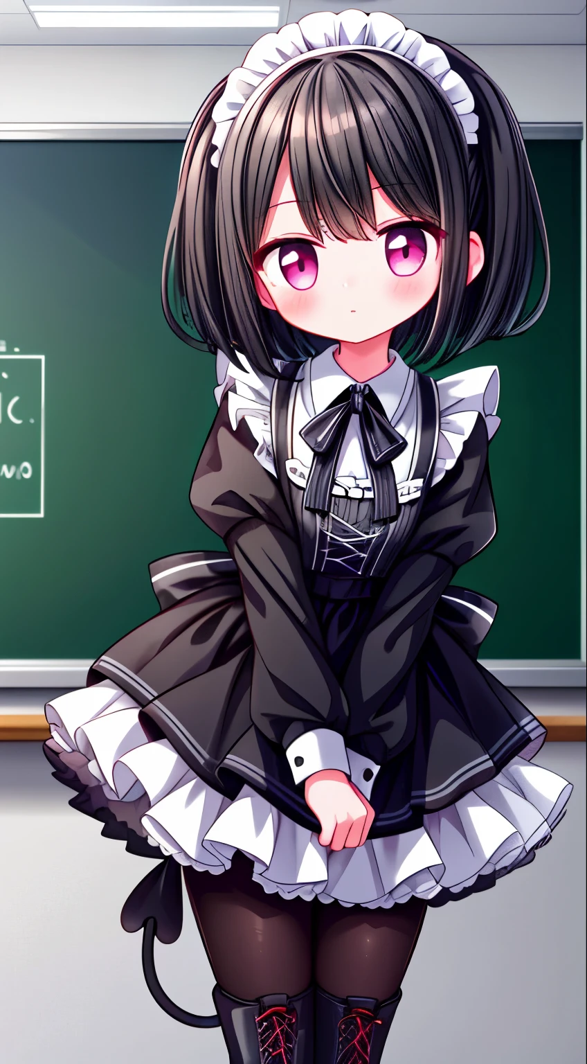 Anime girl in a black and white dress standing in front of a chalkboard ...