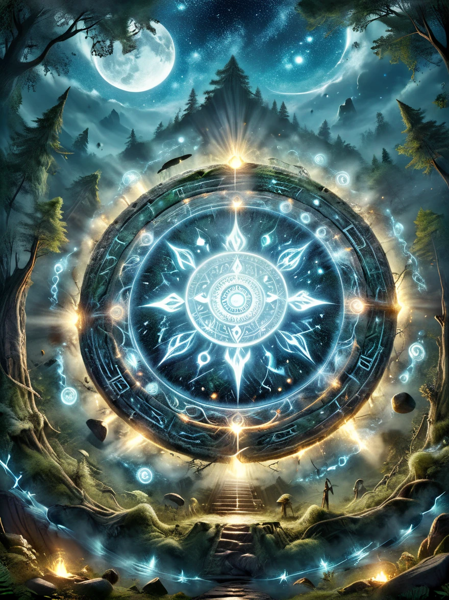 (dark fantasy),(super wide angle),In an ancient forest-surrounded wasteland, a super ancient stone magic circle predates recorded history. Comprised of numerous massive rocks, each bearing the marks of erosion, arranged in a perfect hexagram pointing to various constellations, as if connected to cosmic powers. At its center, the ground is etched with complex runes and mysterious patterns glowing faintly blue under moonlight, serving both as part of a summoning ritual and a container for ancient forces, with their power peaking at night. The surrounding forest seems to shy away, with trees' bent branches whispering warnings. As the stars align on a special night, the sky's energy resonates with the circle's runes, slowly opening a rift from which a creature with eyes like burning coals, made of darkness and fear, steps out, causing the earth to tremble with each step. This scene depicts a mysterious and dangerous moment where an ancient magic circle summons an evil entity under the watchful eyes of the ancient forest,(masterpiece,best quality,ultra high definition,Extremely detailed,illumination)