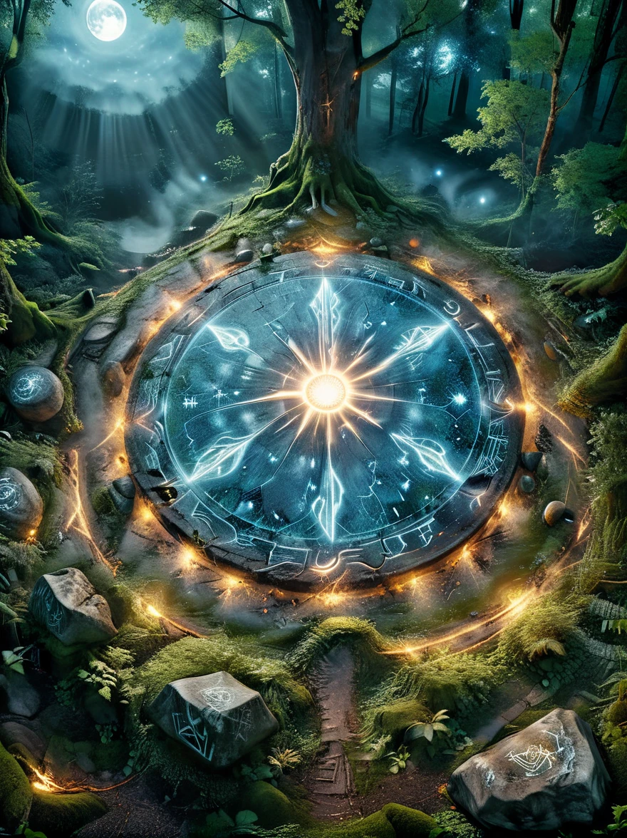 （dark fantasy），（super wide angle），In an ancient forest-surrounded wasteland, a super ancient stone magic circle predates recorded history. Comprised of numerous massive rocks, each bearing the marks of erosion, arranged in a perfect hexagram pointing to various constellations, as if connected to cosmic powers. At its center, the ground is etched with complex runes and mysterious patterns glowing faintly blue under moonlight, serving both as part of a summoning ritual and a container for ancient forces, with their power peaking at night. The surrounding forest seems to shy away, with trees' bent branches whispering warnings. As the stars align on a special night, the sky's energy resonates with the circle's runes, slowly opening a rift from which a creature with eyes like burning coals, made of darkness and fear, steps out, causing the earth to tremble with each step. This scene depicts a mysterious and dangerous moment where an ancient magic circle summons an evil entity under the watchful eyes of the ancient forest，(masterpiece，best quality，ultra high definition，Extremely detailed，illumination）
