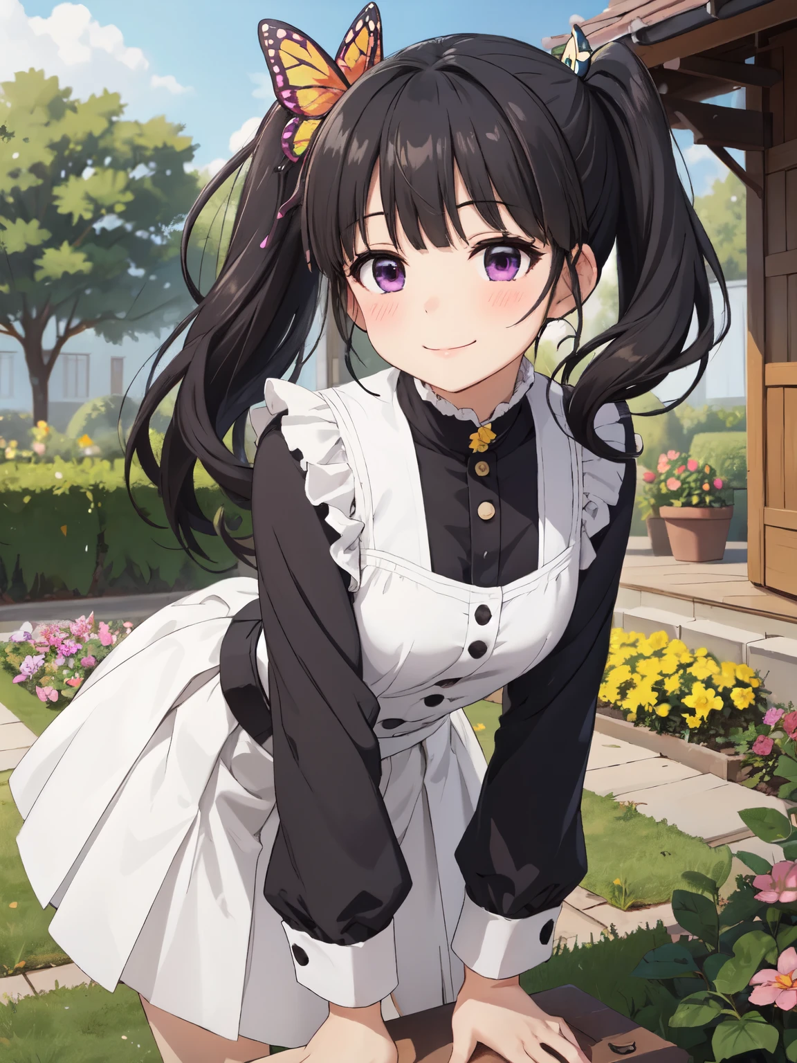 Super detailed, High resolution,[8k images:1.15],garden、closed mouth、smile、black hair, butterfly, butterfly hair ornament, (purple eyes:1.1), side ponytail,、全体的にlong hair、1 girl, smile, kanao tsuyuri, long hair, brown hair、bright eyes、open chest、gothic ****ta clothes、Cute skirt、skirt, white skirt、absolute reference to center、leaning forward、