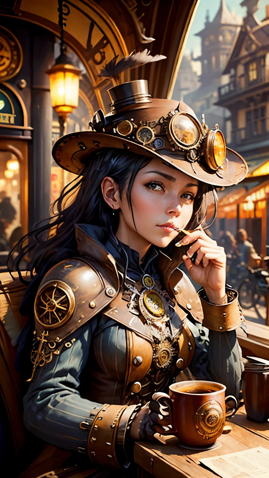 steampunkai。highest quality。masterpiece。detailed details。one woman。Traveler in steampunk style。Drinking coffee on the café terrace。The background is a steampunk style train station.。