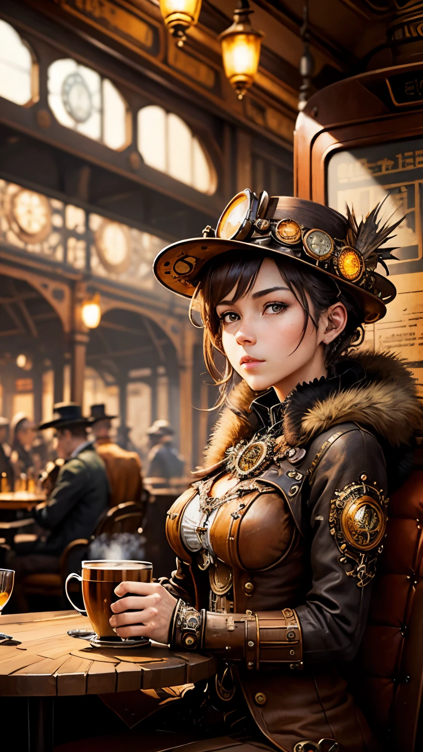 steampunkai。highest quality。masterpiece。detailed details。one woman。Traveler in steampunk style。Drinking coffee on the café terrace。The background is a steampunk style train station.。