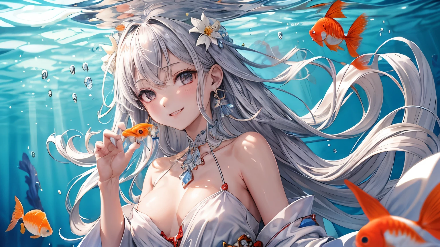 1 girl ,earrings,Goldfish ,precious stones ,sash,underwater ,Goldfish,White flower ,Akame,Behold ,get up, gray hair,clavicle,length、generally、Kamimei、looking at the viewer、white dress、Red Heavenly Woman's Robe、cleavage、close up of smiling face、beautiful eyes