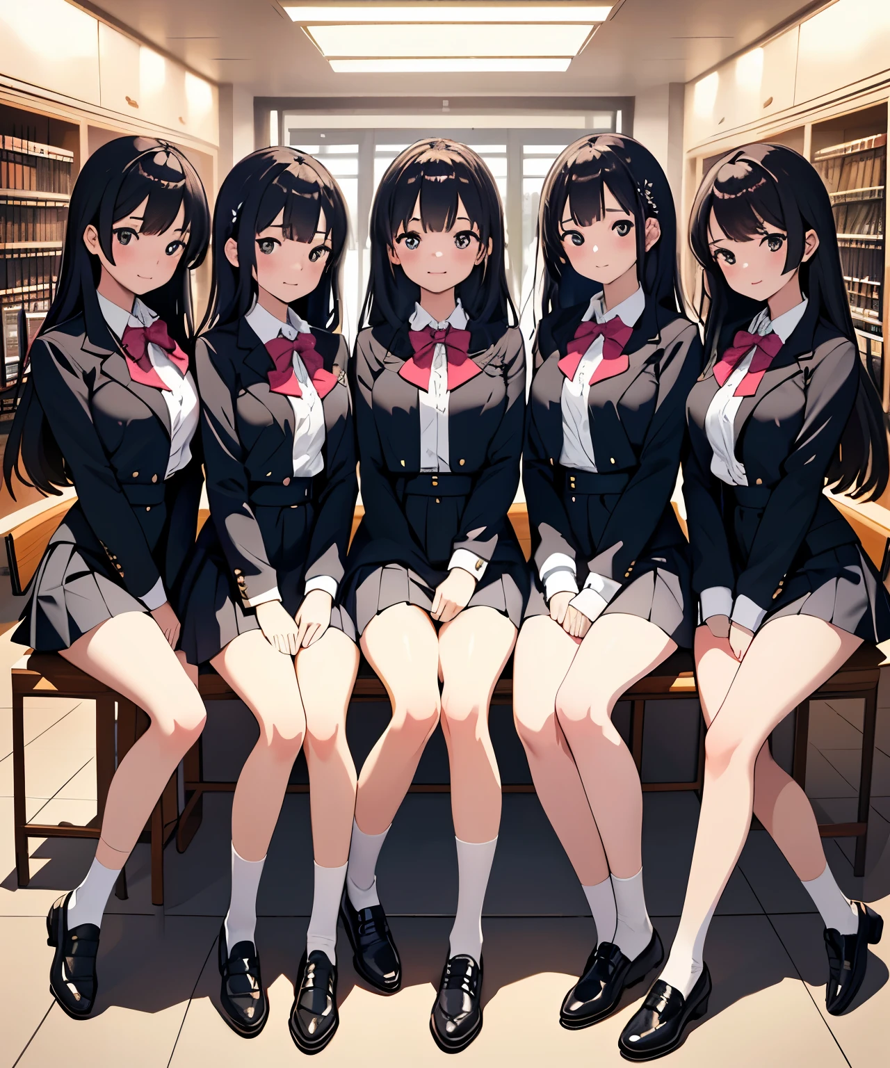 (masterpiece, highest quality), (disorganized:1.2), (super detailed, 8k, ultra high resolution:1.2), (four beautiful girls), young, slim, (cinematic composition), blush, Smile, dramatic lighting, (short body,  body), (group shot, gathered together,), looking at the viewer, Are standing, sitting, take a pose, school uniform, v sign