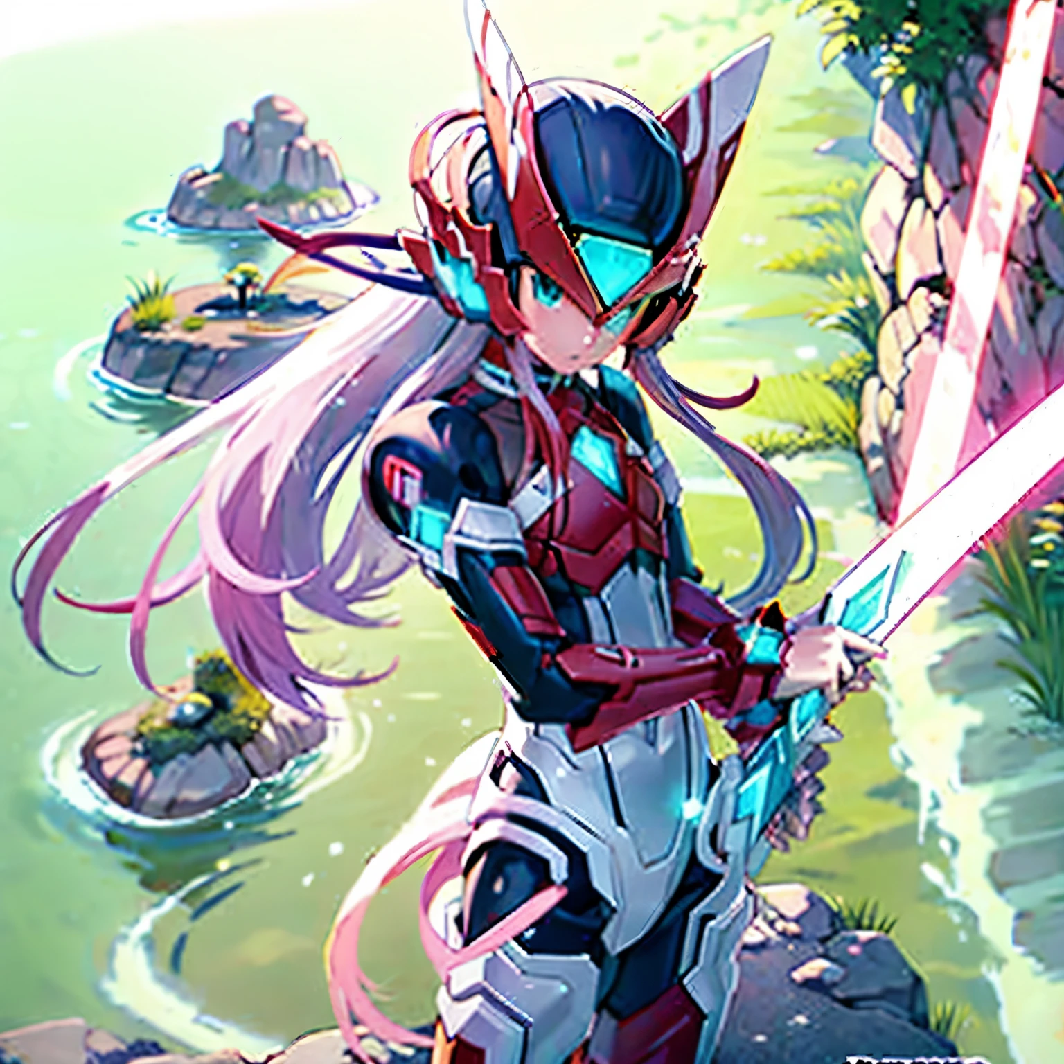 megzeromyth2023, 1boy, long white hair, red armor, green energy sword, 8k, uhd, best quality, masterpiece, intricate, overlooking the ocean on the edge of a rock, in the style of avian-themed, realistic yet stylized, villagecore, azure, orange and azure, dragoncore, aerial view