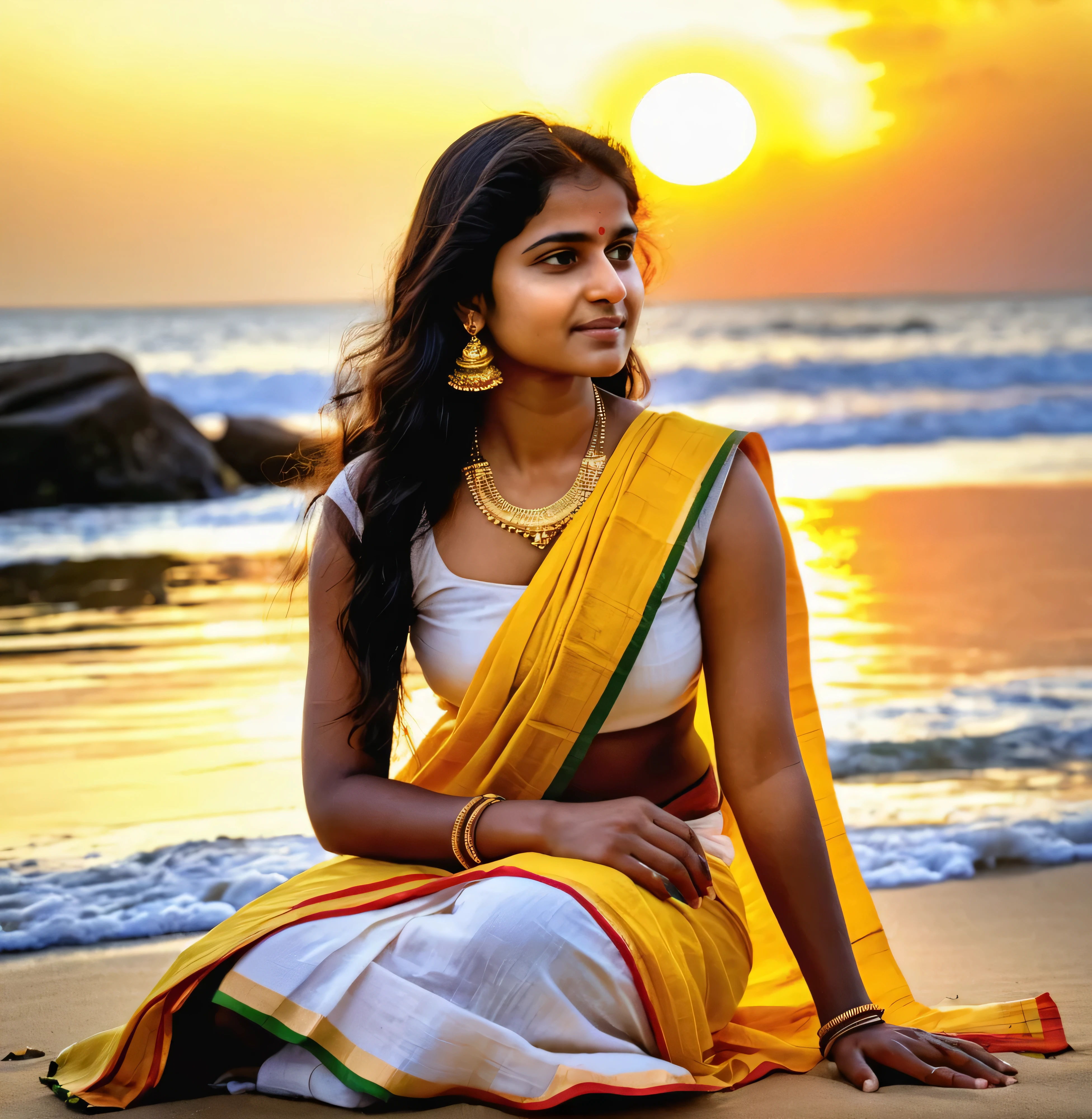 /imagine prompt: A 25-year-old Indian lady dressed in classic Kerala attire, sitting by the tranquil shores of a palm-fringed beach at sunset, the golden rays casting a warm glow on her serene face, the sound of gentle waves lapping the shore in the background, creating a peaceful and introspective mood, Artwork, watercolor painting on textured paper, capturing the soft hues of the sunset and the tranquil beauty of the coastal landscape, --ar 16:9 --v 5