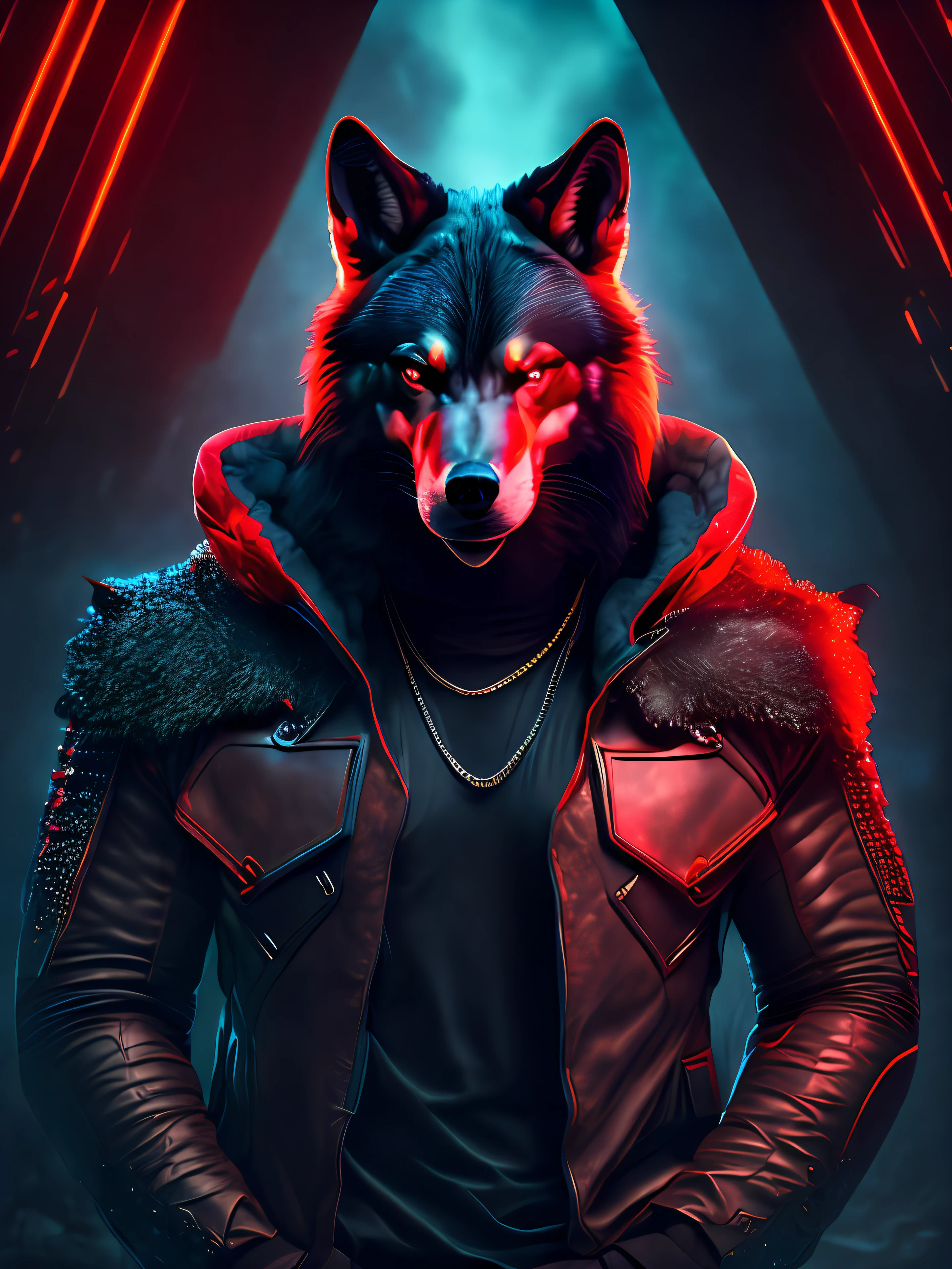 Gloomy portrait of a wolf in dark clothes with a hoodie, Interior de ropa oscura estilo hacker, ojos rojos como una antorcha en llamas, fondo oscuro, ciberpunk, Foto premiada, bokeh, neon lights, Imagen de cintura para arriba, cuerpo de lobo musculoso con chaqueta de cuero con capucha frente a la foto