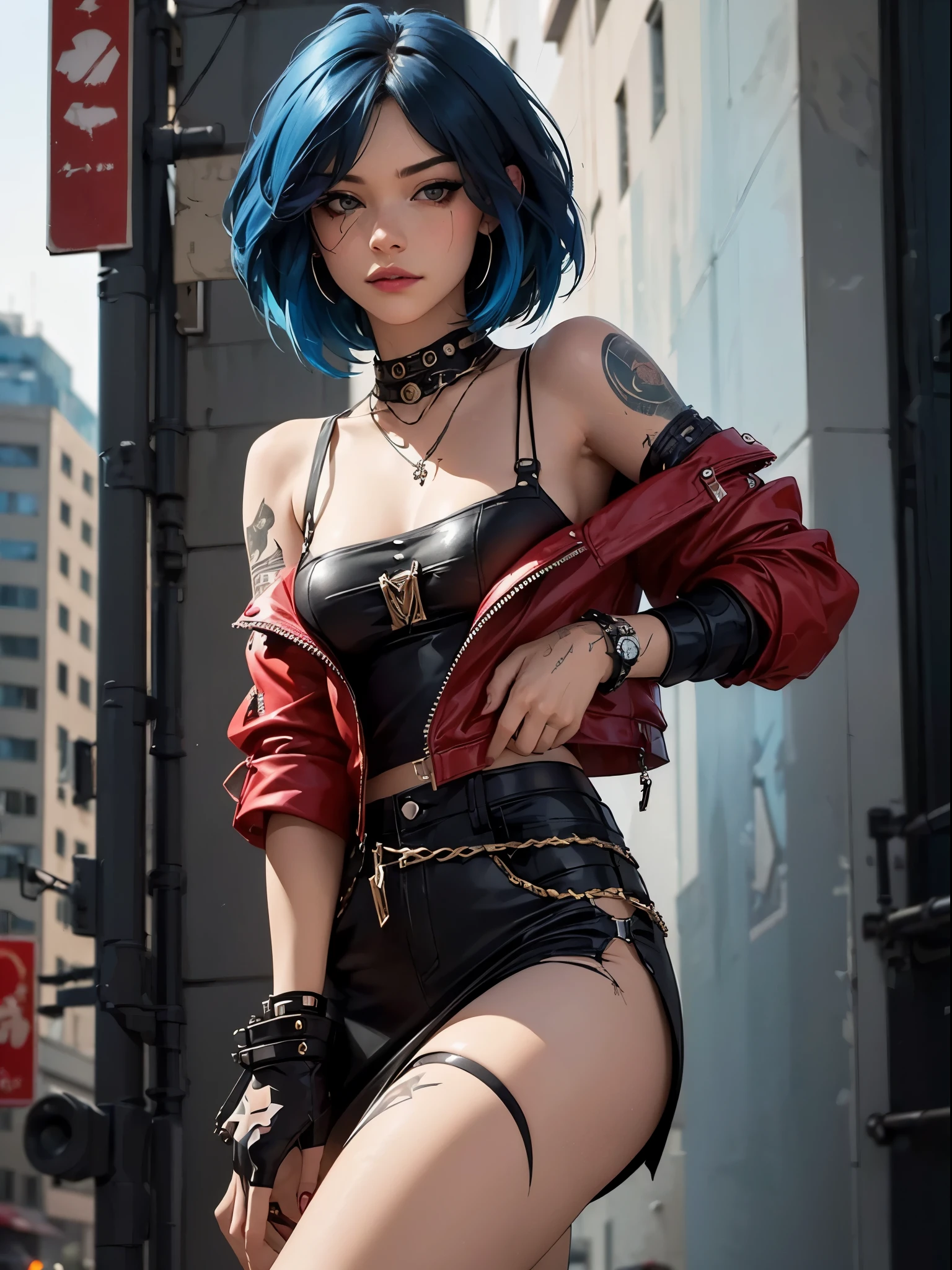 ((top-quality、8K、32K、​masterpiece、nffsw:1.3)), (superfine illustration)、(超A high resolution), (((elegant makeup))), (((1girl in))), (((long bob haircut ))), 25-year-old cyberpunk girl with a perfect body, Shoulder pads with metal spines, Gladiadores in Brooklyn, ((perfect body, )), Small leather panties, Torn shirt, Almost naked in Simon Bisley's urban savage style, short bluehair, Minimum clothing, Metal protection on the left arm with complex graphics, Dark red with white stars and blue and white stripes, s Armor, Full of tips and rivets, Poison tattoo (((From the knee up))), short dark blue hair, In the background、 There is a wall with an intricate design painted by Shepard Fairey,