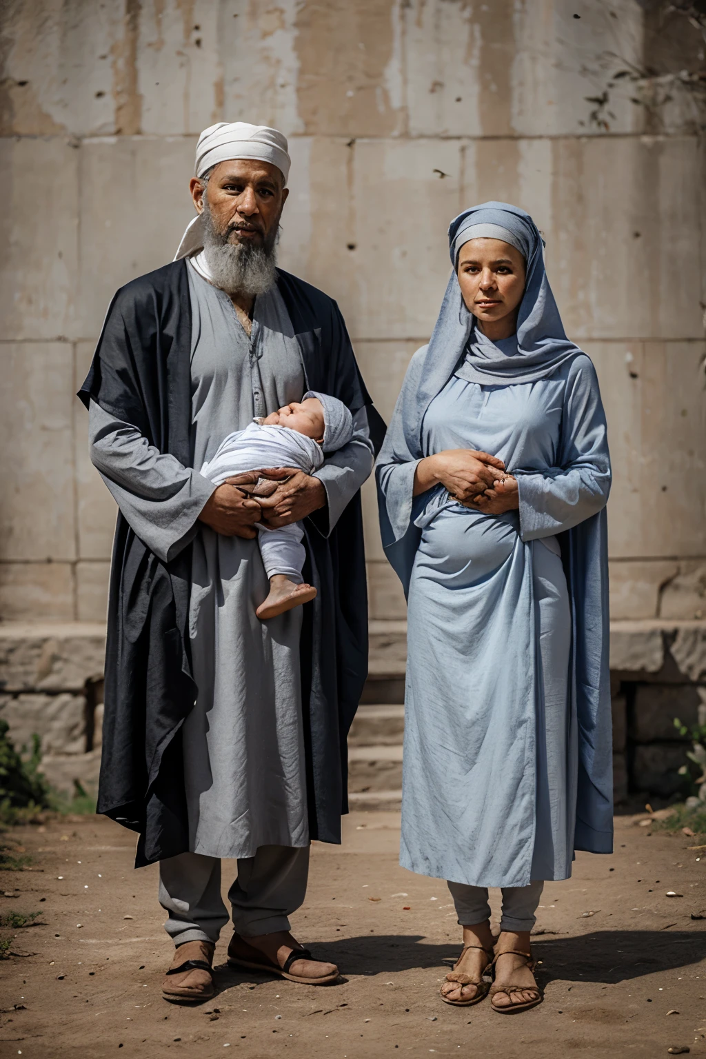 Old Abraham and old Sarah with gray hair, wearing old Israelite clothes, standing and holding their  Isaac wrapped in cloth