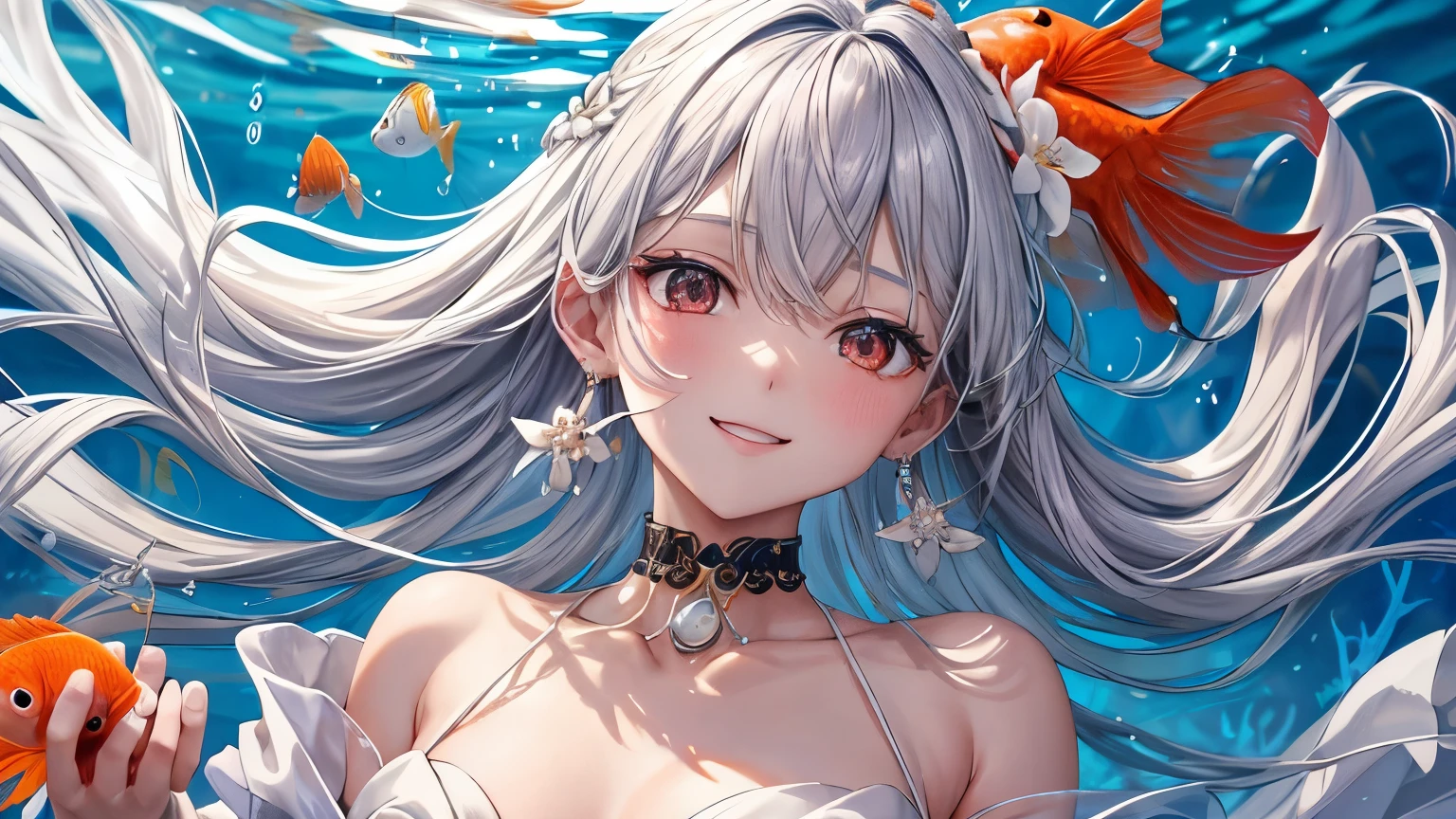 1 girl ,earrings,Goldfish ,precious stones ,sash,underwater ,Goldfish,White flower ,Akame,Behold ,get up, gray hair,clavicle,length、generally、Kamimei、looking at the viewer、white dress、Red Heavenly Woman's Robe、cleavage、close up of smiling face、beautiful eyes