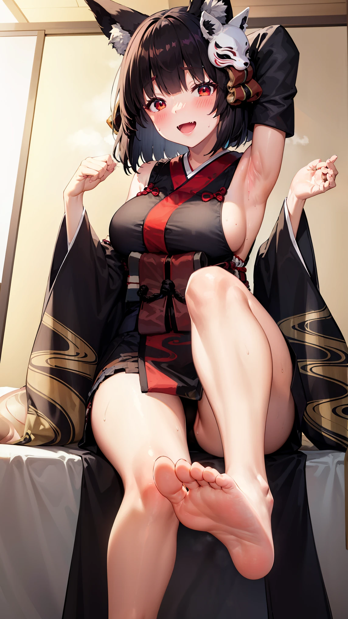 Yamashiro,1girl,blush,((smirk)),open mouth,half-closed eyes,heavy breathing,black hair,red eyes,lash-grazing bangs,long sidelocks hair,solo,fox ears,fox girl,fox mask on the head,detached sleeve,skin fang,((kimono)),black kimono,wide sleeves,2legs,sideboobs,hand up, flipped hair,armpit, sweating,armpit,hand behind head,two fox ears,in bedroom,steam,(from_below1.5),looking down,sitting,thigh focus,((leg focus)),feet,five toes,soles of feet,feet focus,sitting on bed