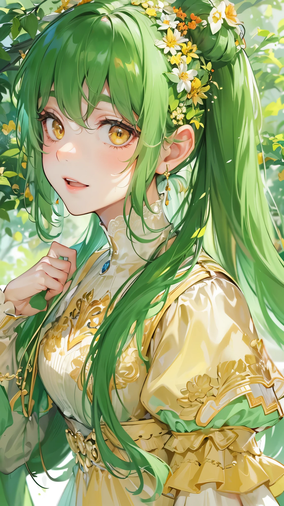 perfect anatomy, masterpiece:1.2, best quality, 8k, beautiful detailed grow, daydreaming expression:1.4, Precise and unmatched illustrations:1.3, (solo ponytail green hair long hair divine cute girl, cute yellow eyes, love smile), in a Spring dress, in the Ohori Park, fine day.