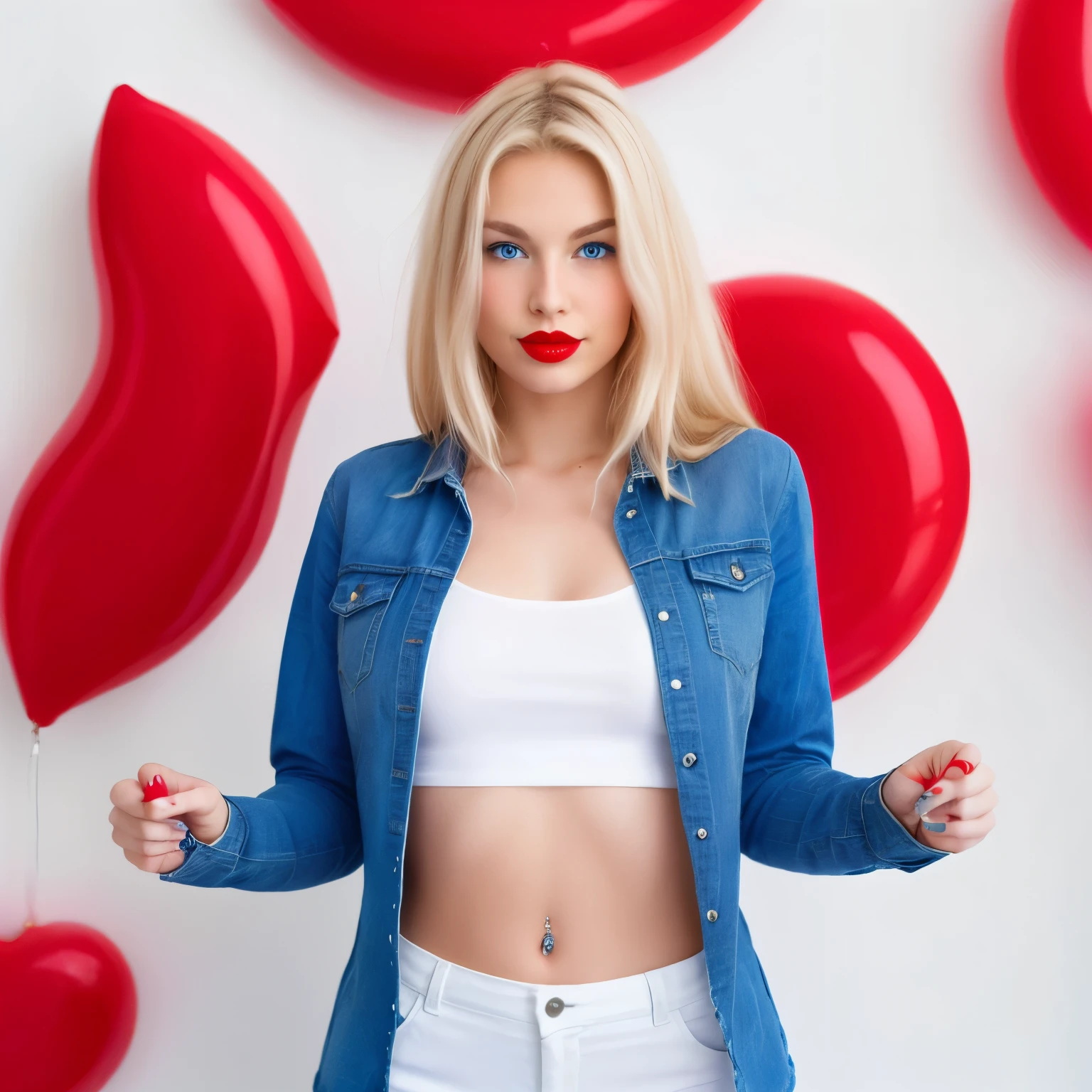 full body girl blonde with blue eyes and with red lipstick white background