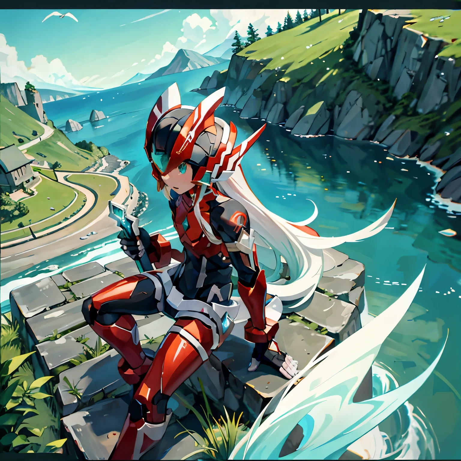megzeromyth2023, 1boy, long white hair, red armor, green energy sword, 8k, uhd, high quality, masterpiece, overlooking the ocean on the edge of a rock, in the style of avian-themed, realistic yet stylized, villagecore, azure, orange and azure, dragoncore, aerial view