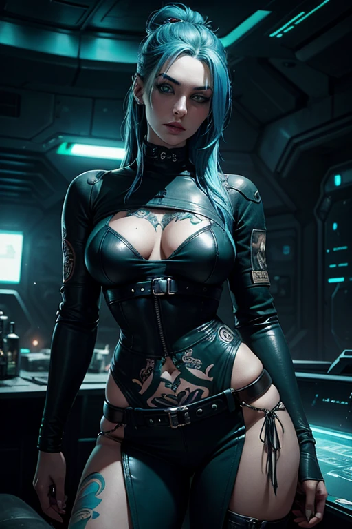 western woman in her early 30's with blue hair. small waist big hips and breasts. lots and lots of tattoos covering everywhere. green eyes. attitude. cyberpunk clothing. gothic theme aboard a space ship in engineering