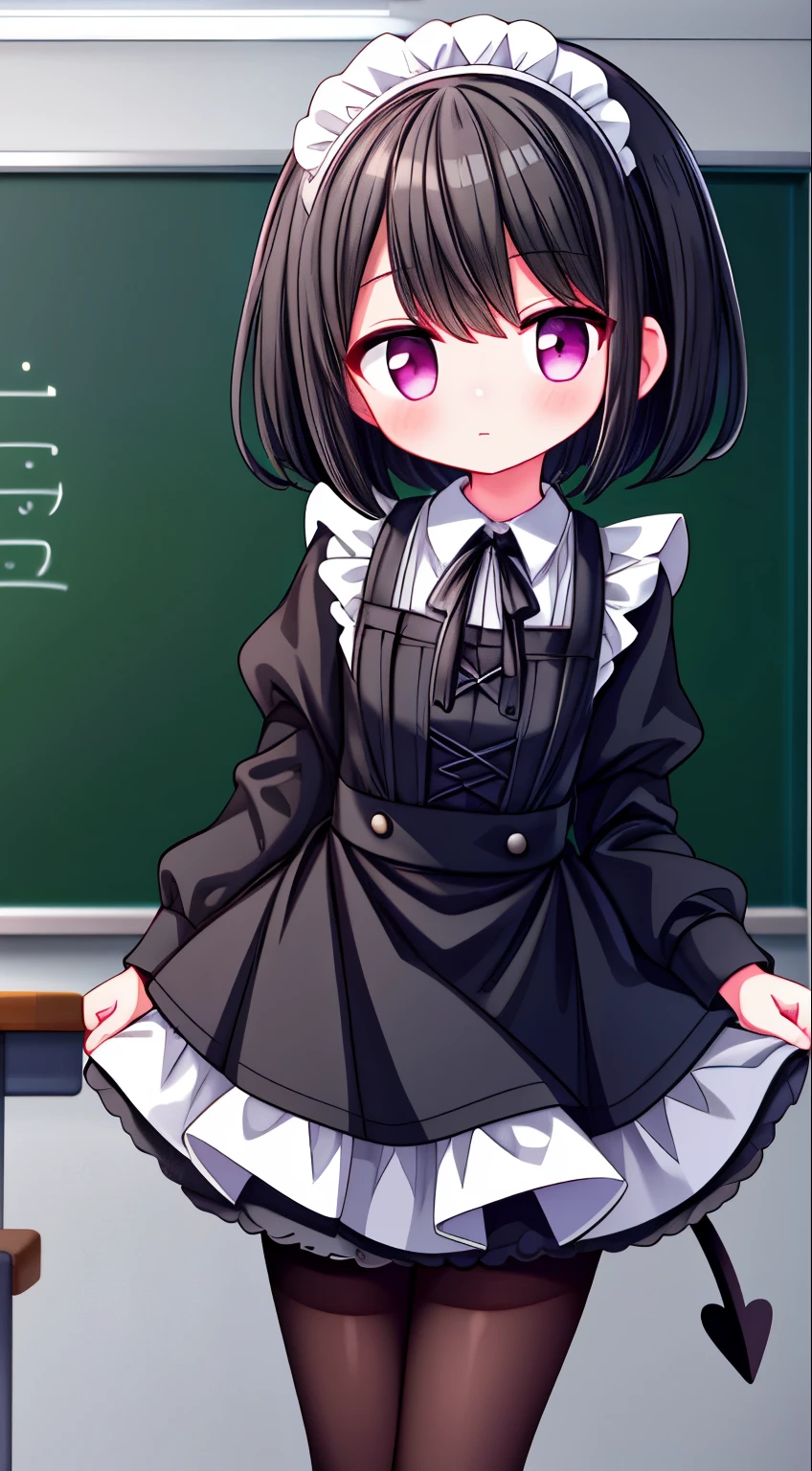 girl,short black hair,maid outfit,Black lace-up boots,white pantyhose,blush shy,classroom scene,demon