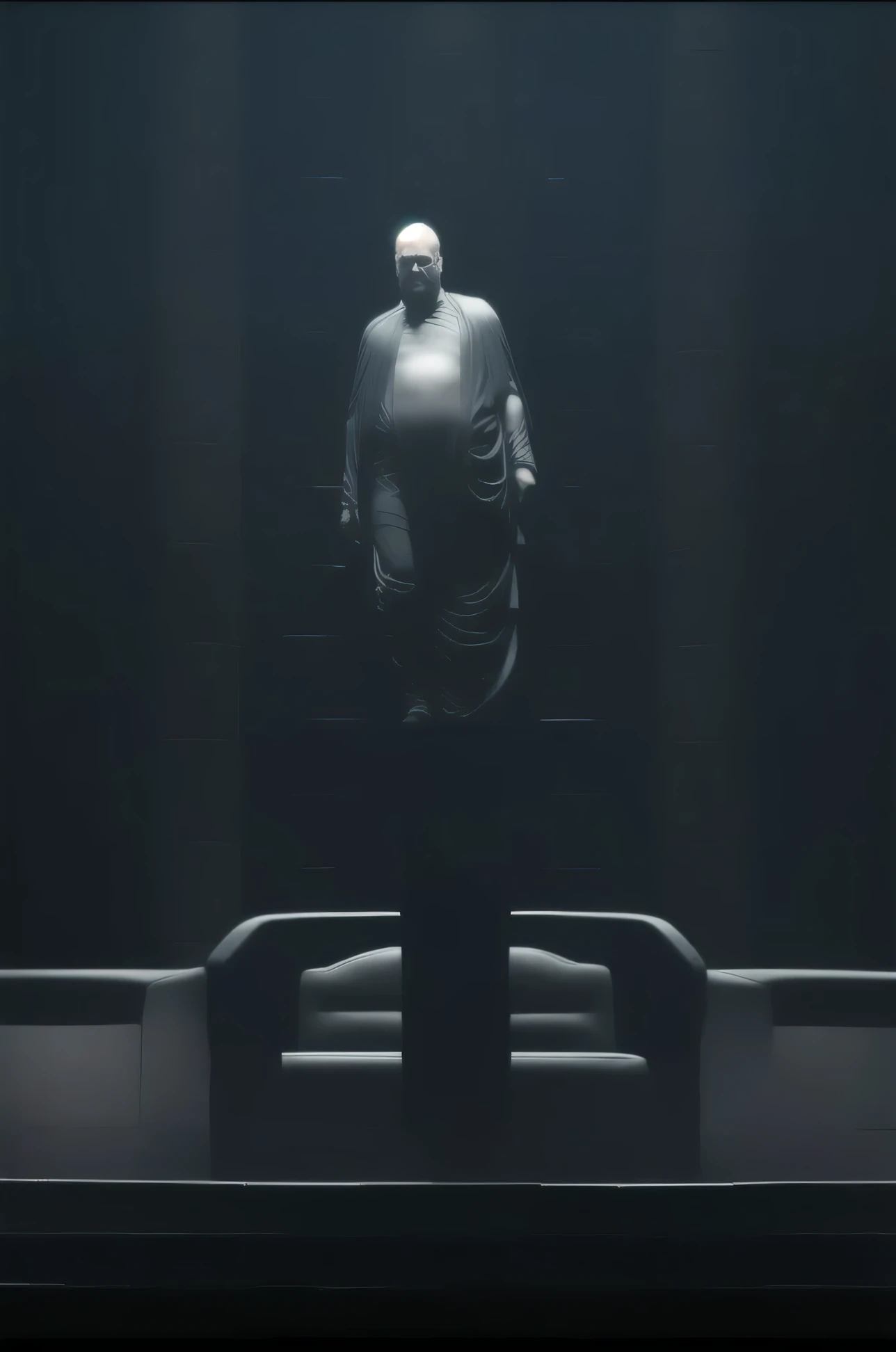 Arafed-Bild eines schwebenden Mannes, baron harkonnen von dem Film Dune 2021 der in einem dunklen Raum mit einer Couch steht, im 2021 Film Dune, dargestellt als Science-Fiction-Szene, dunkle Science-Fiction-Filmszene, 8k, Furcht, tiefe Stimmung, Meisterwerk, ultra high resolution, good quality, filmische Beleuchtung, viele Details, HD