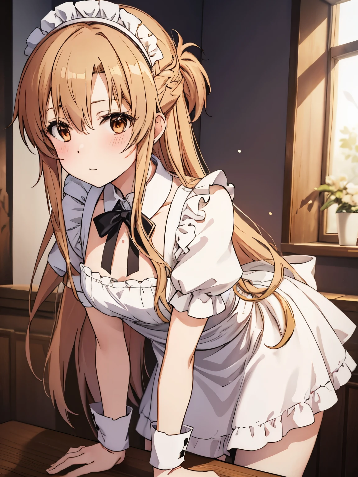 alone、Asuna:1.5、sexyなAsuna,goth style、white maid outfit、Victorian maid clothes、sexy、leaning forward、Front view、