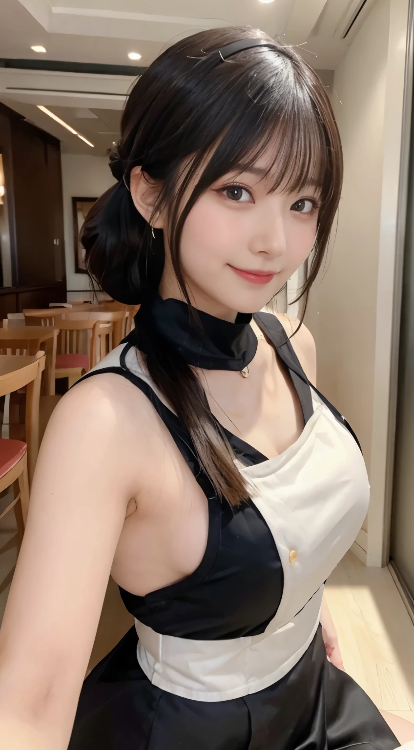 (highest quality,masterpiece:1.3,ultra high resolution,),(Super detailed,caustics),(Photoreal:1.4,RAW shooting,)ultra-realistic capture,very detailed,High resolution 16K human skin close-up。 natural skin texture、,The pores are、、、、Must be detailed enough to be easily identified。 Skin should look even-toned and healthy。 Use natural light and color,restaurant,waitress uniform,1 girl,Japanese,18-year-old,cute,black haired,ponytail,big breasts,smile,turn your body forward,(Front view:1.1),look at the camera,cowboy shot,