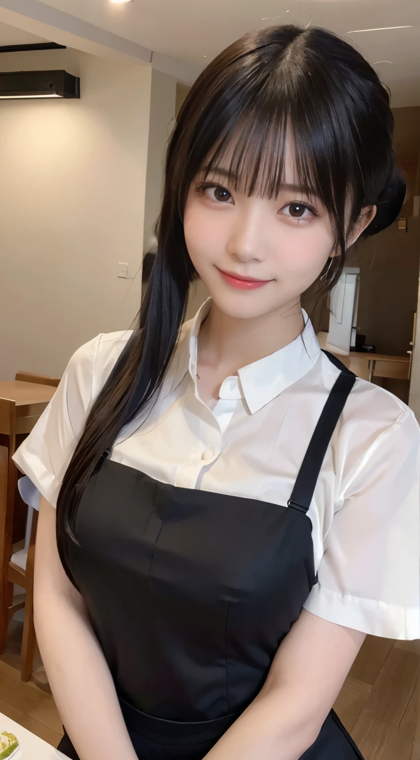 (highest quality,masterpiece:1.3,ultra high resolution,),(Super detailed,caustics),(Photoreal:1.4,RAW shooting,)ultra-realistic capture,very detailed,High resolution 16K human skin close-up。 natural skin texture、,The pores are、、、、Must be detailed enough to be easily identified。 Skin should look even-toned and healthy。 Use natural light and color,restaurant,waitress uniform,1 girl,Japanese,18-year-old,cute,black haired,ponytail,big breasts,smile,turn your body forward,(Front view:1.1),look at the camera,cowboy shot,