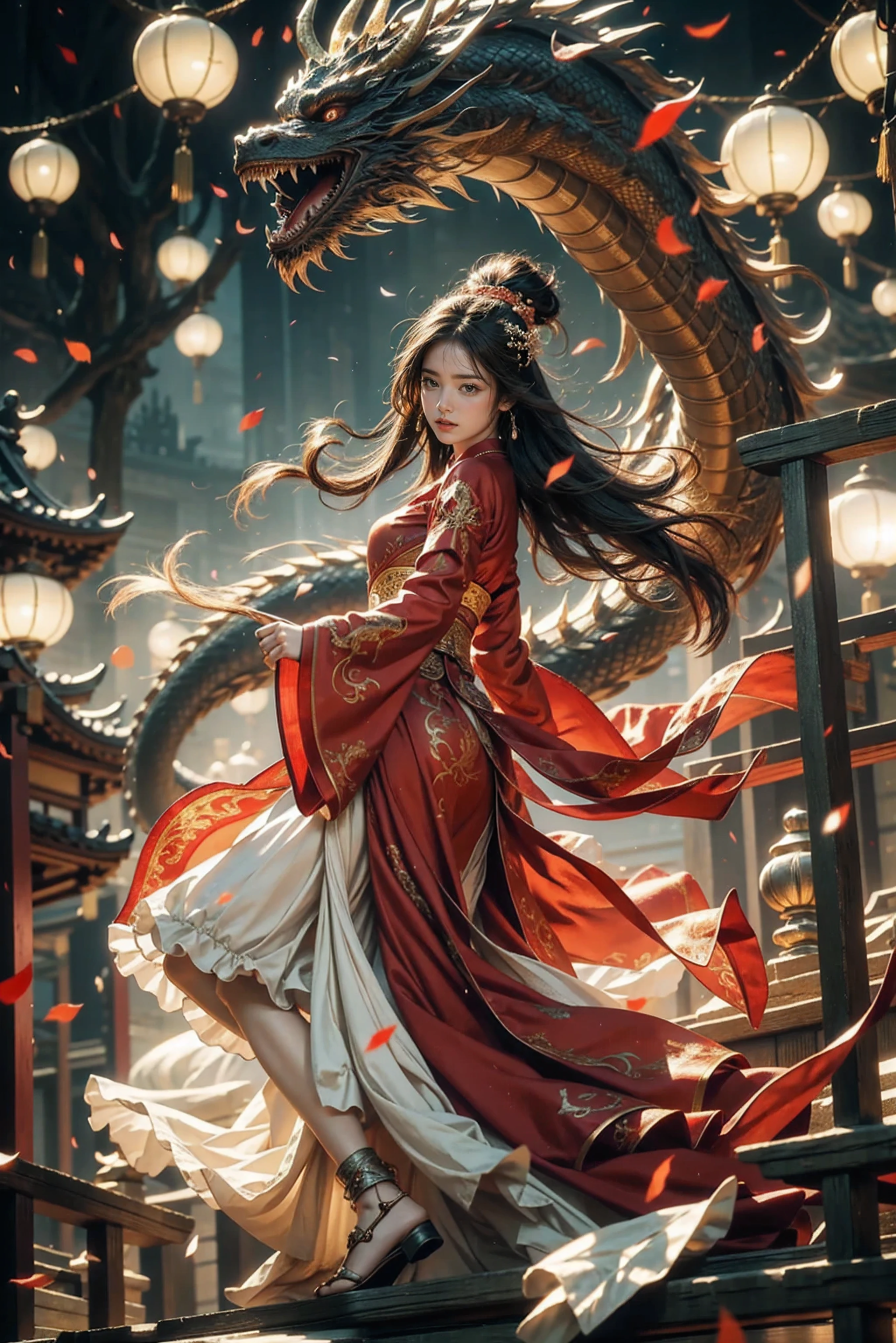 A woman in a red dress is standing next to a dragon - SeaArt AI