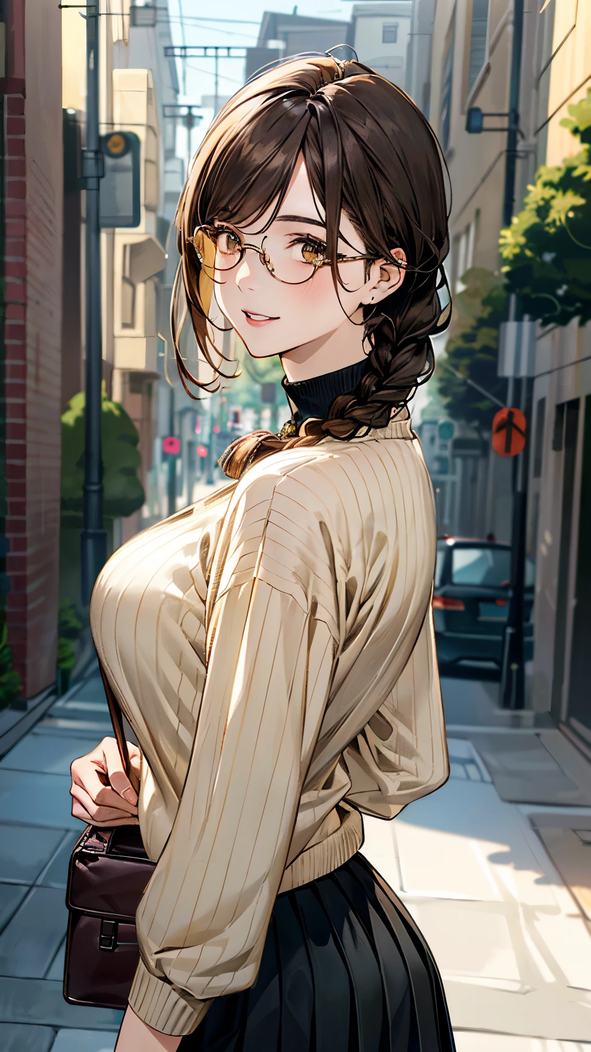 (masterpiece:1.3, top-quality), ultra high res, ultra detailed, (realistic, photorealistic:1.4), beautiful illustration, perfect lighting, colorful, depth of fields, 
looking at viewer, (face focus, upper body), 1 girl, solo, hight school girl, gravure model, (large breasts:0.8, large ass, seductive thighs, skindentation),
(middle hair:1.2, single braid, light brown hair), bangs, braided bangs, (gold eyes), drooping eyes, parted lips, shiny skin, 
beautiful hair, beautiful face, extremely detailed face, beautiful detailed eyes, beautiful clavicle, beautiful body, beautiful chest, beautiful thigh, beautiful legs, beautiful fingers, 
(detailed cloth texture, blue-green long sleeve high neck sweater, black pleated skirt, (dark brown casket)), round glasses, shoulder bag, garnet necklace, 
(beautiful scenery), night, (downtown, staircase), walking, (seductive-smile), 