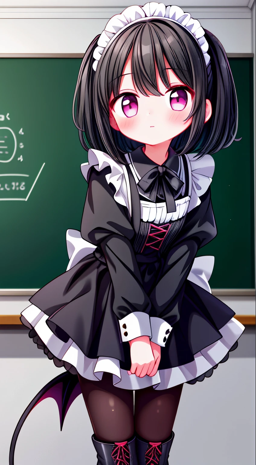 girl，short black hair，maid outfit，Black lace-up boots，white pantyhose，blush shy，classroom scene，demon
