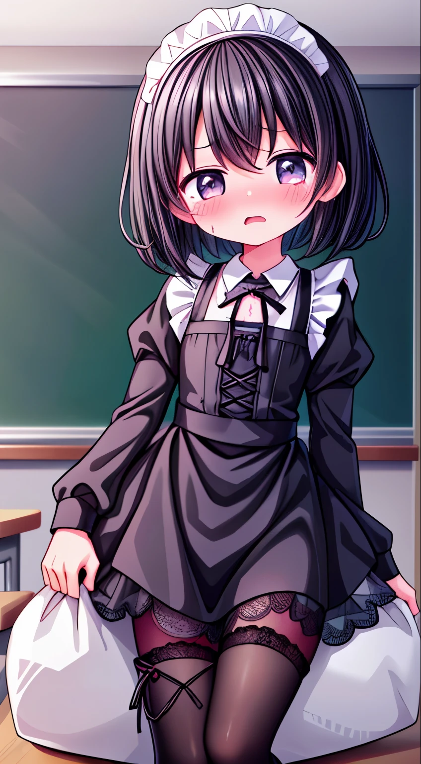 girl，short black hair，maid outfit，Black lace-up boots，white pantyhose，blush害羞，classroom scene，恶魔girl，short black hair，maid outfit，Black lace-up boots，white pantyhose，blush害羞，classroom scene，恶魔girl，short black hair，maid outfit，Black lace-up boots，，blush害羞，classroom scene，恶魔blush害羞，classroom scene，girl，，((absurd)), ((on the table)), (best quality), , (Super detailed), (beautiful), ((cute girl)), alone, beautiful face, White skin, on the table, (10 years old: 1.3), , 、A girl goes to the toilet、 permanent, is crying, close her eyes, tears flow from eyes, Embarrassment comes from, blush), (girl is peeing: 1.2),, look away, sitting, Awkward, blush, The mouth opens slightly, classroom (girl leaking urine): 1.5)
