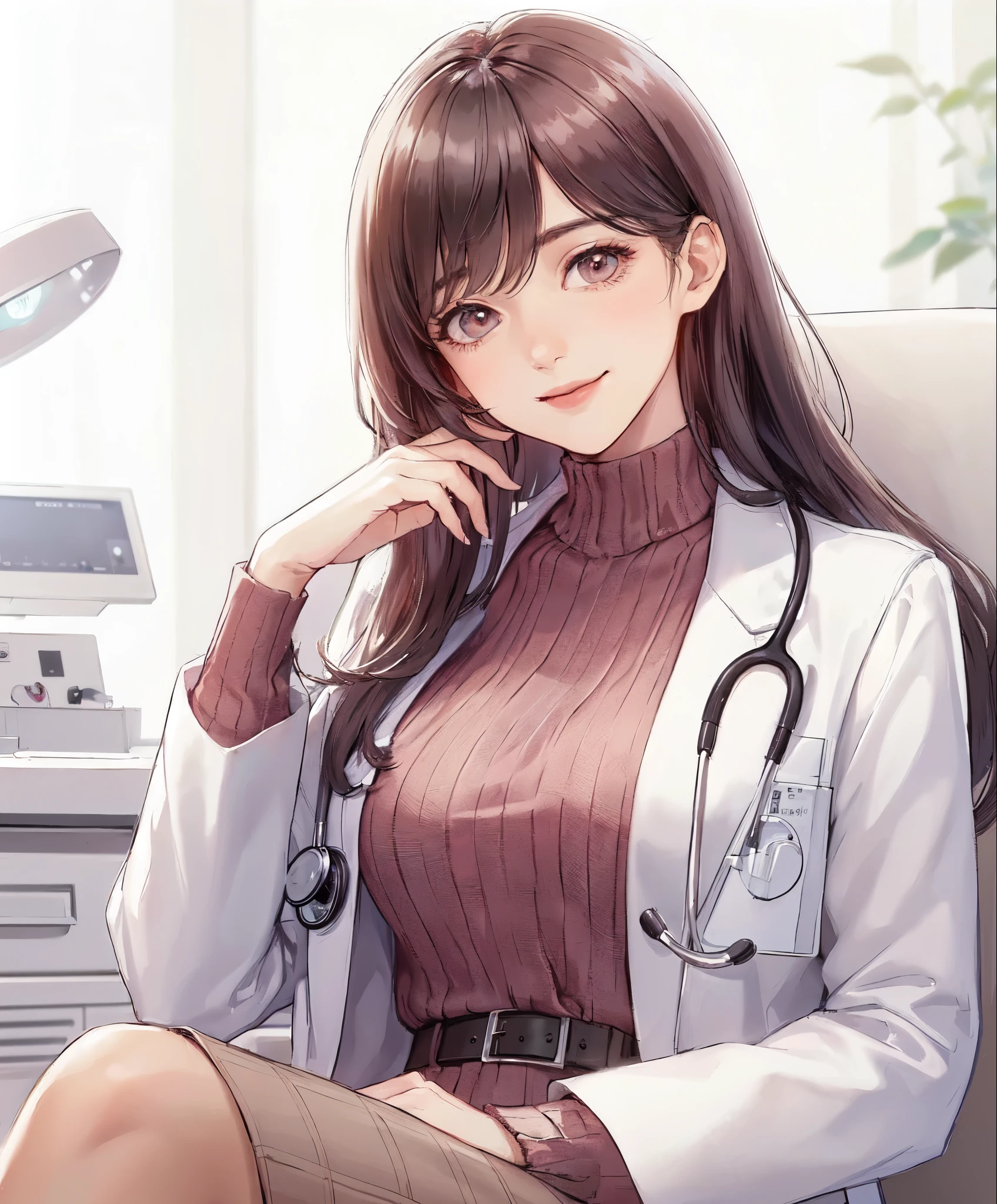 1lady solo, sitting, (looking at viewers), (white lab coat) stylish outfit, mature female, /(dark brown hair/) bangs, kind smile, (masterpiece best quality:1.2) delicate illustration ultra-detailed, large breasts, pantyhose, /(stethoscope around neck/) BREAK (hospital examination room) indoors, work desk, detailed background